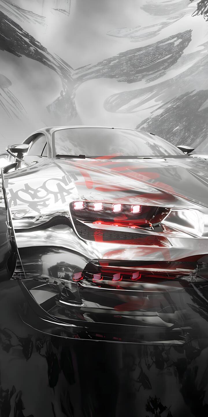 Striking red headlights gleam against the highly reflective chrome body of this sports car in an abstract setting. This stunning 4K wallpaper for iPhone is a must-have car wallpaper for a sleek and modern look. | car sports car chrome iphone abstract wallpaper futuristic mobile metallic 4k wallpaper hd wallpaper red lights Striking red headlights gleam against the highly reflective chrome body of this sports car in an abstract setting. This stunning 4K wallpaper for iPhone is a must-have car wallpaper for a sleek and modern look.