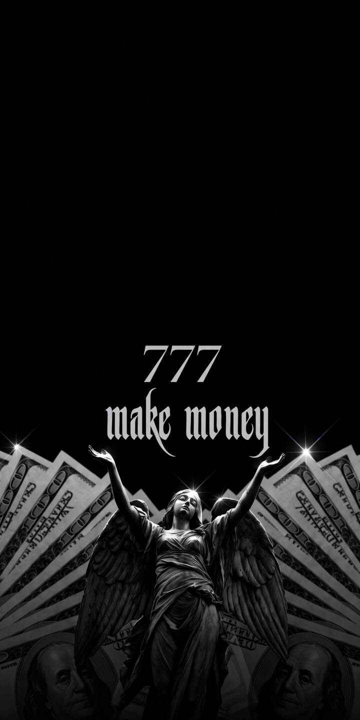 An ethereal winged angel raises its arms in praise amidst fanned-out hundred-dollar bills, with '777 make money' prominently displayed in this striking 4K wallpaper. This captivating black and white aesthetic wallpaper is a perfect fit for any iPhone. | aesthetic angel money iphone wallpaper grayscale mobile 4k wallpaper hd wallpaper wealth 777 make money An ethereal winged angel raises its arms in praise amidst fanned-out hundred-dollar bills, with '777 make money' prominently displayed in this striking 4K wallpaper. This captivating black and white aesthetic wallpaper is a perfect fit for any iPhone.