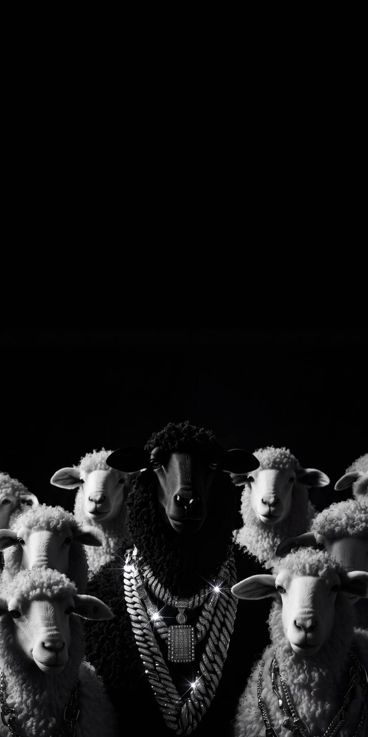 Striking silver chains with glittering diamonds adorn a proud black sheep, making a bold statement amidst a flock of white sheep in this monochromatic 4K wallpaper. This powerful and unique wallpaper is perfect for personalizing your iPhone. | aesthetic sheep iphone wallpaper mobile 4k wallpaper hd wallpaper jewelry monochromatic unique diamond chains black sheep Striking silver chains with glittering diamonds adorn a proud black sheep, making a bold statement amidst a flock of white sheep in this monochromatic 4K wallpaper. This powerful and unique wallpaper is perfect for personalizing your iPhone.