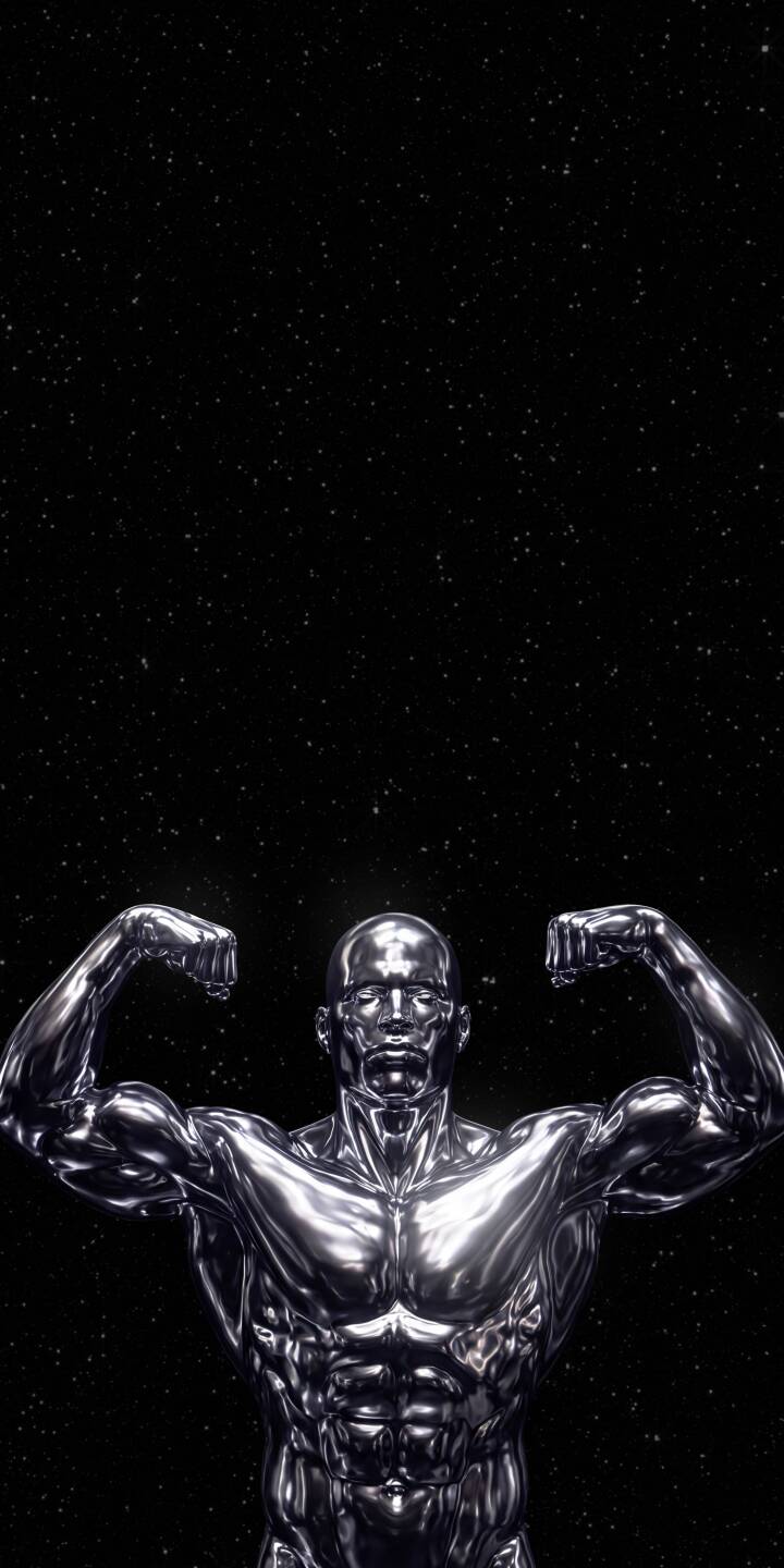 Gleaming silver, a powerful muscular figure flexes its biceps against a backdrop of a vast starry void in this stunning 4K wallpaper, making it an epic iPhone wallpaper for sci-fi and fitness enthusiasts. | aesthetic silver space chrome iphone wallpaper mobile 4k wallpaper hd wallpaper sci-fi muscular humanoid Gleaming silver, a powerful muscular figure flexes its biceps against a backdrop of a vast starry void in this stunning 4K wallpaper, making it an epic iPhone wallpaper for sci-fi and fitness enthusiasts.