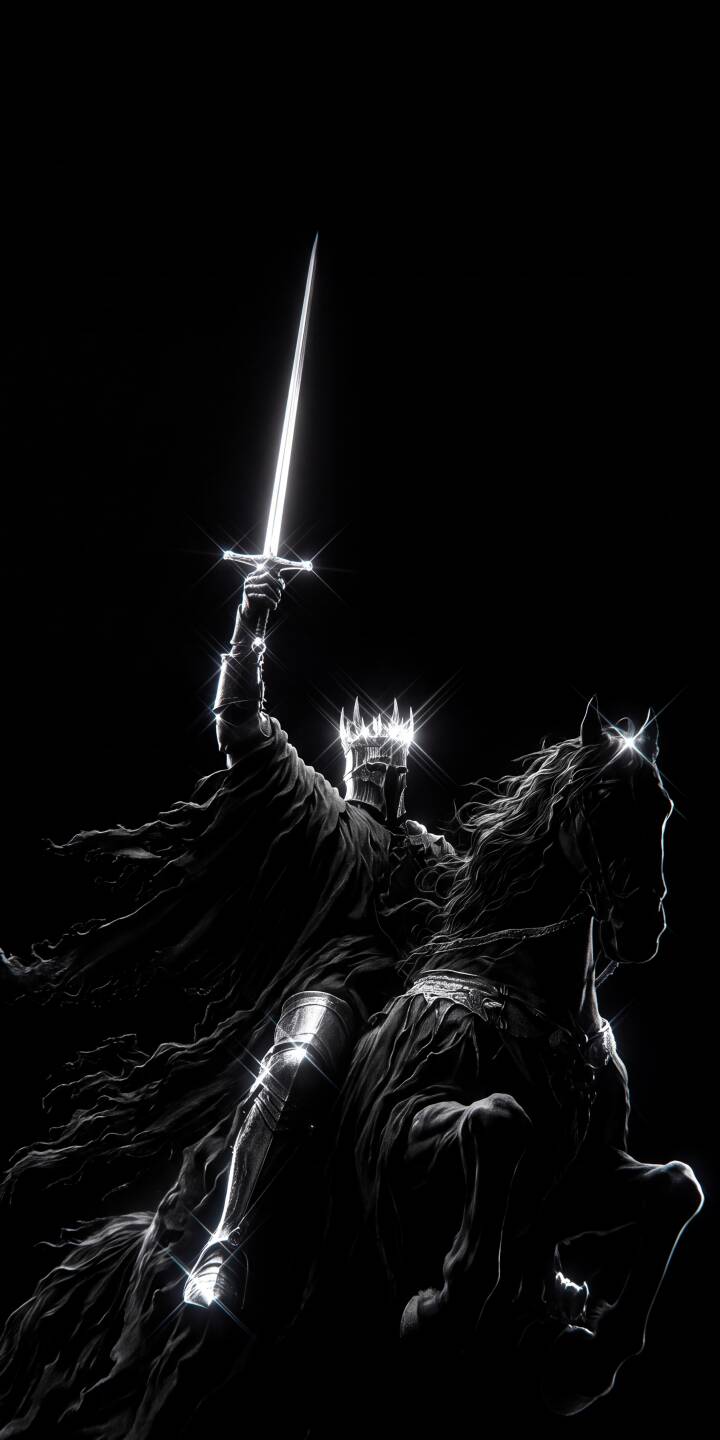 The gleaming blade of a raised sword pierces the darkness, held high by a crowned dark lord riding a powerful horse in this epic monochromatic 4K wallpaper. This stunning fantasy wallpaper makes a powerful statement on any iPhone. | sword horse iphone fantasy wallpaper mobile 4k wallpaper hd wallpaper monochromatic epic dark lord witch king The gleaming blade of a raised sword pierces the darkness, held high by a crowned dark lord riding a powerful horse in this epic monochromatic 4K wallpaper. This stunning fantasy wallpaper makes a powerful statement on any iPhone.