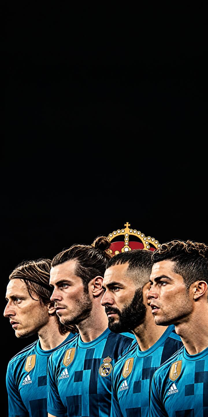 A prominent golden crown shines above a focused Karim Benzema, flanked by Luka Modric, Gareth Bale, and Cristiano Ronaldo in their teal jerseys, forming an elite Real Madrid 4K wallpaper perfect for iPhone. This iconic lineup creates an unforgettable phone wallpaper for any fan. | football iphone real madrid wallpaper cristiano ronaldo luka modric mobile karim benzema 4k wallpaper hd wallpaper royal gareth bale A prominent golden crown shines above a focused Karim Benzema, flanked by Luka Modric, Gareth Bale, and Cristiano Ronaldo in their teal jerseys, forming an elite Real Madrid 4K wallpaper perfect for iPhone. This iconic lineup creates an unforgettable phone wallpaper for any fan.