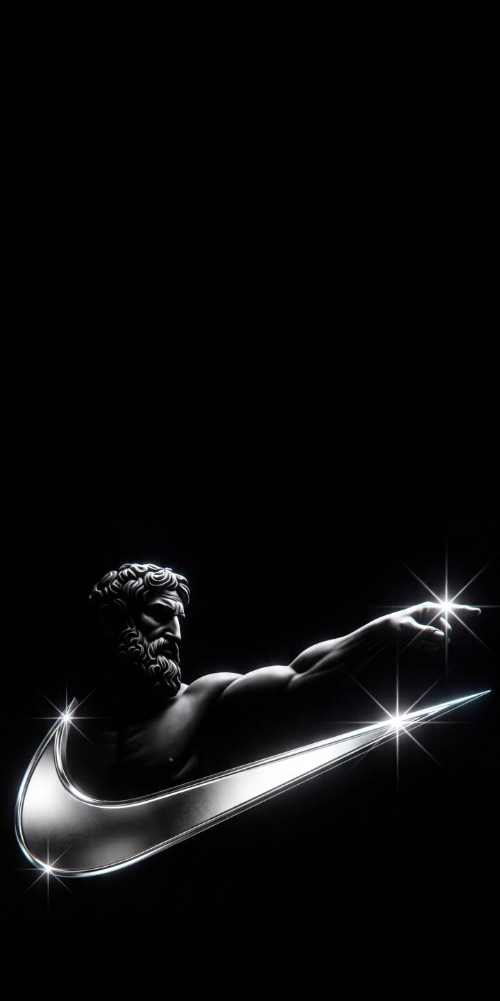 Gleaming stars burst from a sleek, metallic Nike swoosh, perfectly contrasted by a classical marble statue in an iconic pointing pose against a minimalist black background in this stunning 4K wallpaper. This dark and sophisticated wallpaper is a must-have for any iPhone user. | aesthetic dark statue nike iphone minimalist wallpaper mobile 4k wallpaper hd wallpaper sparkle nike swoosh Gleaming stars burst from a sleek, metallic Nike swoosh, perfectly contrasted by a classical marble statue in an iconic pointing pose against a minimalist black background in this stunning 4K wallpaper. This dark and sophisticated wallpaper is a must-have for any iPhone user.