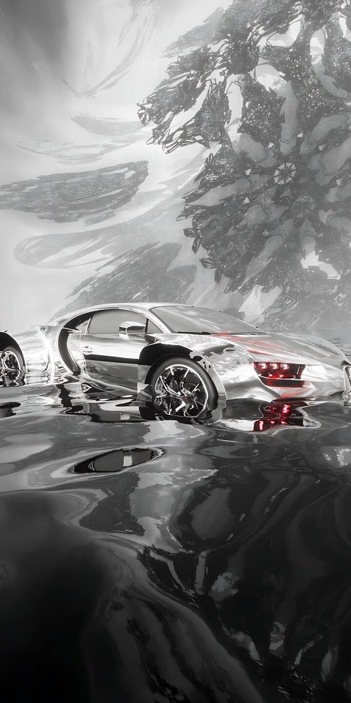 A dazzling chrome sportscar, with vibrant red headlights, gracefully rests on a dark, rippling liquid surface against an abstract grey background in this stunning 4K wallpaper, making it a captivating wallpaper for iPhone. | reflection iphone abstract wallpaper sportscar mobile 4k wallpaper hd wallpaper monochrome red lights futuristic car chrome car A dazzling chrome sportscar, with vibrant red headlights, gracefully rests on a dark, rippling liquid surface against an abstract grey background in this stunning 4K wallpaper, making it a captivating wallpaper for iPhone.