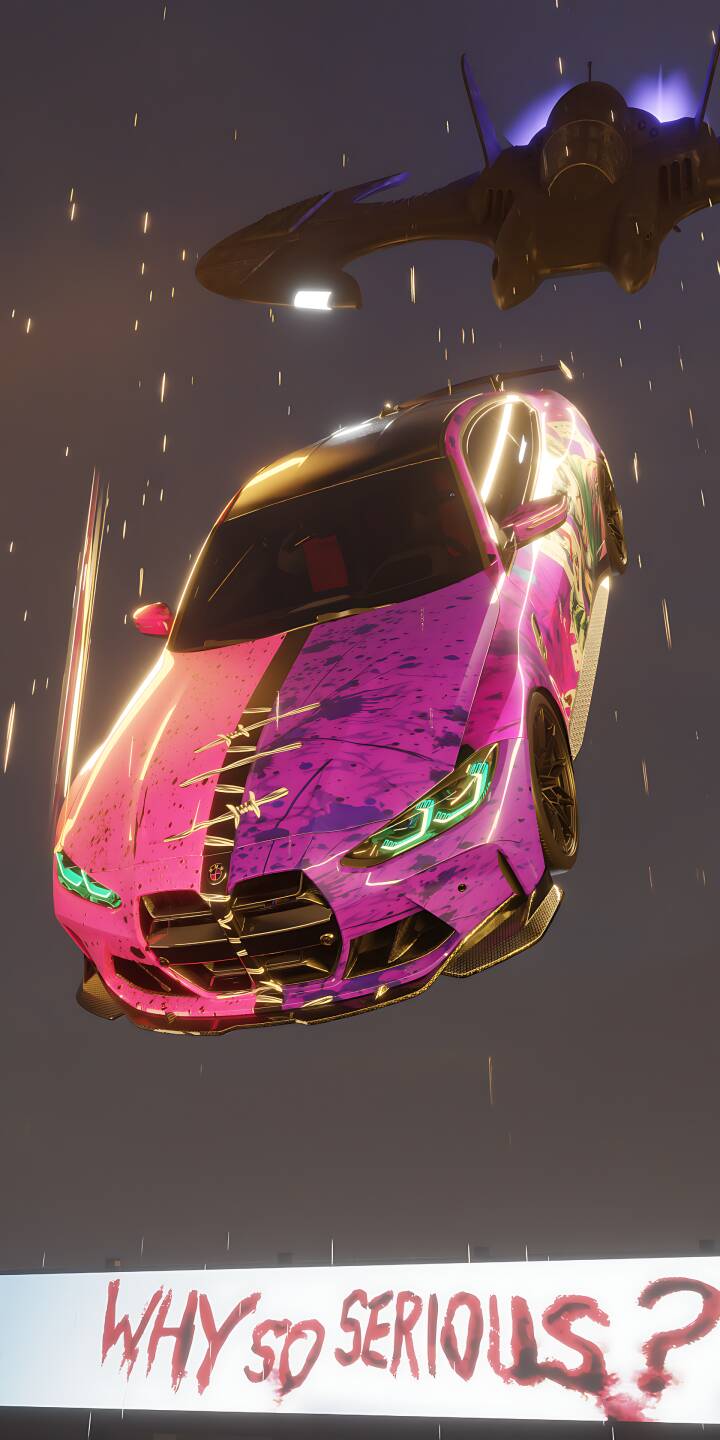 The vibrant pink and purple, Joker-themed BMW M4 is captured soaring through the air under a mysterious spaceship, making for an electrifying 4K wallpaper. This stunning wallpaper, featuring glowing green headlights and gold accents, is a perfect choice for iPhone users seeking a unique and edgy car theme. | joker iphone bmw cyberpunk m4 wallpaper scifi mobile why so serious 4k wallpaper hd wallpaper custom car The vibrant pink and purple, Joker-themed BMW M4 is captured soaring through the air under a mysterious spaceship, making for an electrifying 4K wallpaper. This stunning wallpaper, featuring glowing green headlights and gold accents, is a perfect choice for iPhone users seeking a unique and edgy car theme.
