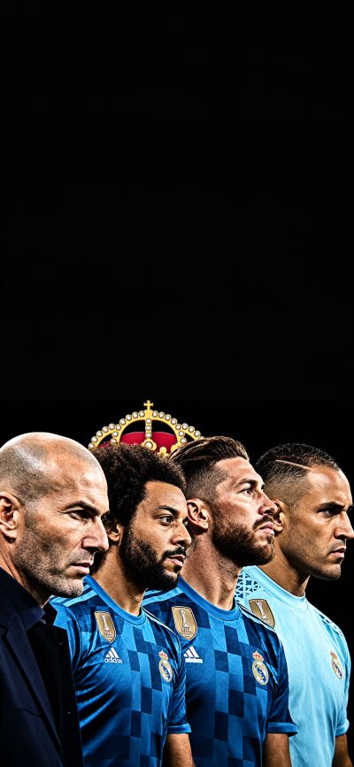 Four prominent Real Madrid figures, including Zinedine Zidane, Marcelo, Sergio Ramos, and Casemiro, stand boldly in their iconic blue kits against a sleek black background, topped by a subtle golden crown. This immersive 4K wallpaper for your iPhone beautifully captures the spirit of Real Madrid, forming the left half of a seamless matching wallpaper designed for a shared dual-screen display.