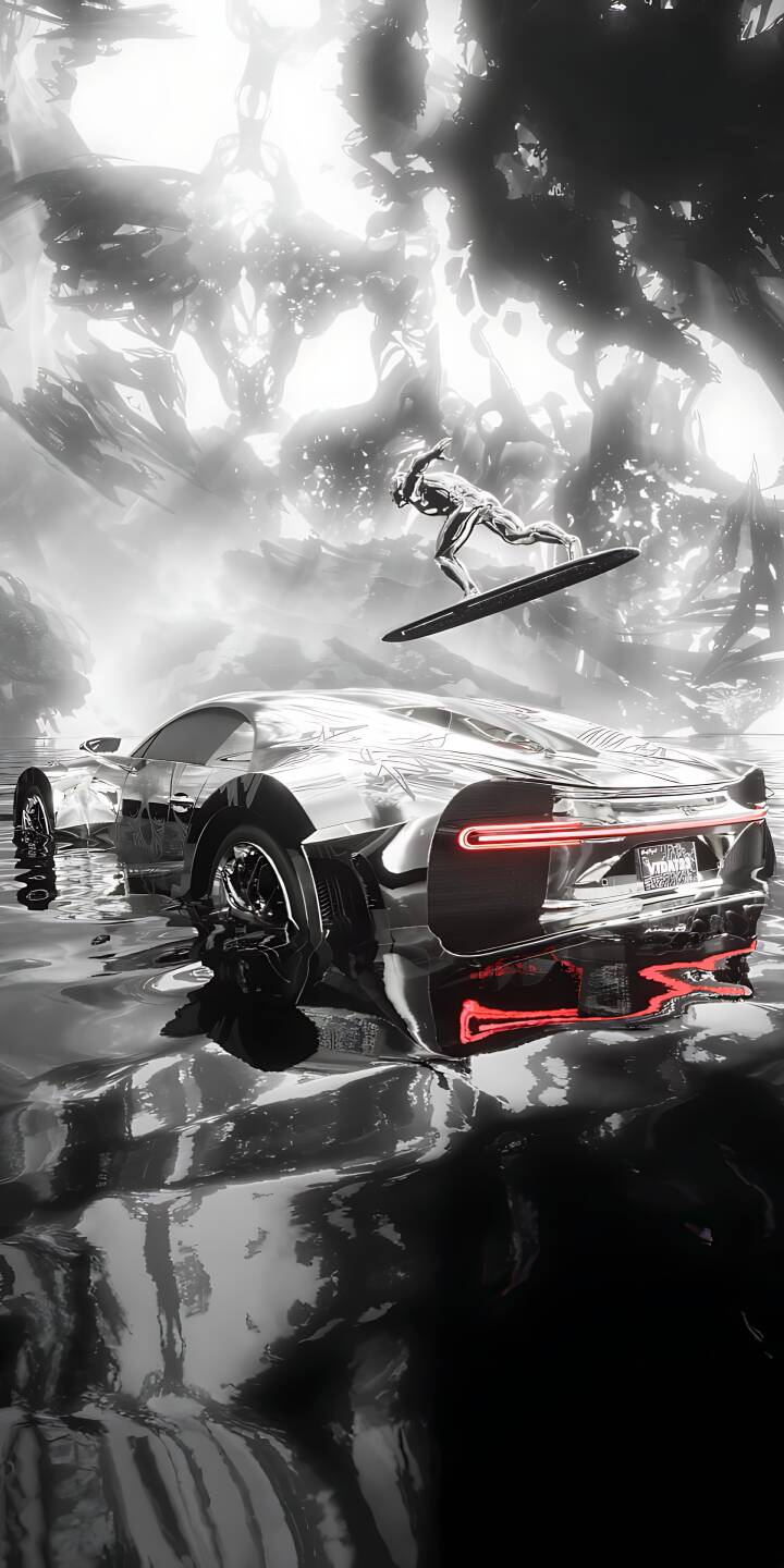 Reflective chrome surfaces gleam from both the futuristic car and the dynamic surfer figure, illuminated by vibrant red taillights and an ethereal glow in this striking 4K wallpaper — a truly unique wallpaper for iPhone. | aesthetic iphone wallpaper futuristic silver surfer mobile 4k wallpaper hd wallpaper glossy sci-fi neon red chrome car Reflective chrome surfaces gleam from both the futuristic car and the dynamic surfer figure, illuminated by vibrant red taillights and an ethereal glow in this striking 4K wallpaper — a truly unique wallpaper for iPhone.