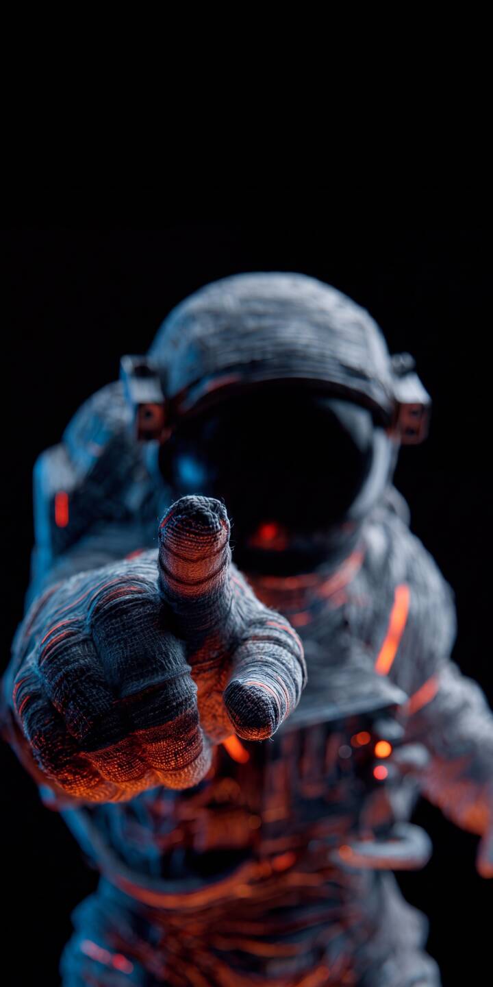 An astronaut's textured, glowing finger extends directly towards the viewer, highlighted by futuristic orange and blue accents in this captivating 4K wallpaper. This immersive astronaut wallpaper with its dark, mysterious vibe is a perfect choice for your iPhone. | dark astronaut space iphone wallpaper futuristic mobile glowing 4k wallpaper hd wallpaper sci-fi textured An astronaut's textured, glowing finger extends directly towards the viewer, highlighted by futuristic orange and blue accents in this captivating 4K wallpaper. This immersive astronaut wallpaper with its dark, mysterious vibe is a perfect choice for your iPhone.