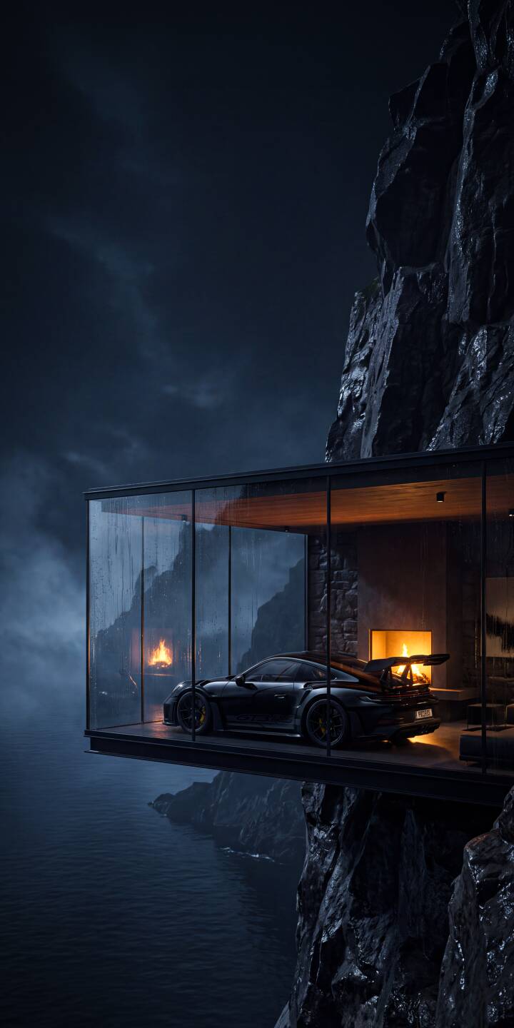 Rain streaks down the windows of a modern glass house cantilevered dramatically over a stormy ocean, featuring a sleek black sports car and a warm fireplace within this striking 4K wallpaper for iPhone. This atmospheric wallpaper captures luxury and isolation on a dark, rugged cliffside. | sports car stormy iphone porsche wallpaper mobile 4k wallpaper hd wallpaper dark aesthetic modern architecture cliff house Rain streaks down the windows of a modern glass house cantilevered dramatically over a stormy ocean, featuring a sleek black sports car and a warm fireplace within this striking 4K wallpaper for iPhone. This atmospheric wallpaper captures luxury and isolation on a dark, rugged cliffside.