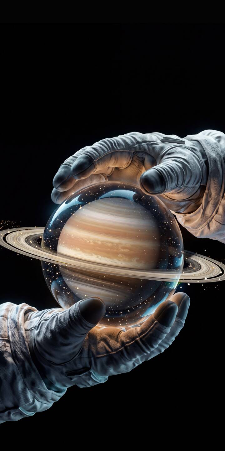 Glowing bands of light illuminate a miniature Saturn held delicately by an astronaut's gloved hands in this breathtaking 4K wallpaper. This cosmic wallpaper, featuring shimmering rings and tiny stars encased within the planetary orb, is perfect for your iPhone. | aesthetic astronaut space planet iphone wallpaper saturn mobile 4k wallpaper hd wallpaper sci-fi cosmic Glowing bands of light illuminate a miniature Saturn held delicately by an astronaut's gloved hands in this breathtaking 4K wallpaper. This cosmic wallpaper, featuring shimmering rings and tiny stars encased within the planetary orb, is perfect for your iPhone.