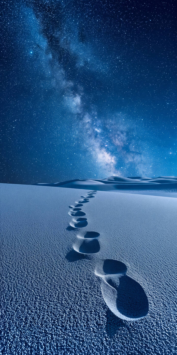 The vibrant blue expanse of the Milky Way arcs majestically across the night sky, casting deep shadows from a path of footprints trailing across the pristine white sand dunes. Download this breathtaking 4K wallpaper for iPhone to experience its unique and tranquil beauty. | landscape desert night sky iphone stars wallpaper milky way mobile blue aesthetic 4k wallpaper hd wallpaper footprints The vibrant blue expanse of the Milky Way arcs majestically across the night sky, casting deep shadows from a path of footprints trailing across the pristine white sand dunes. Download this breathtaking 4K wallpaper for iPhone to experience its unique and tranquil beauty.