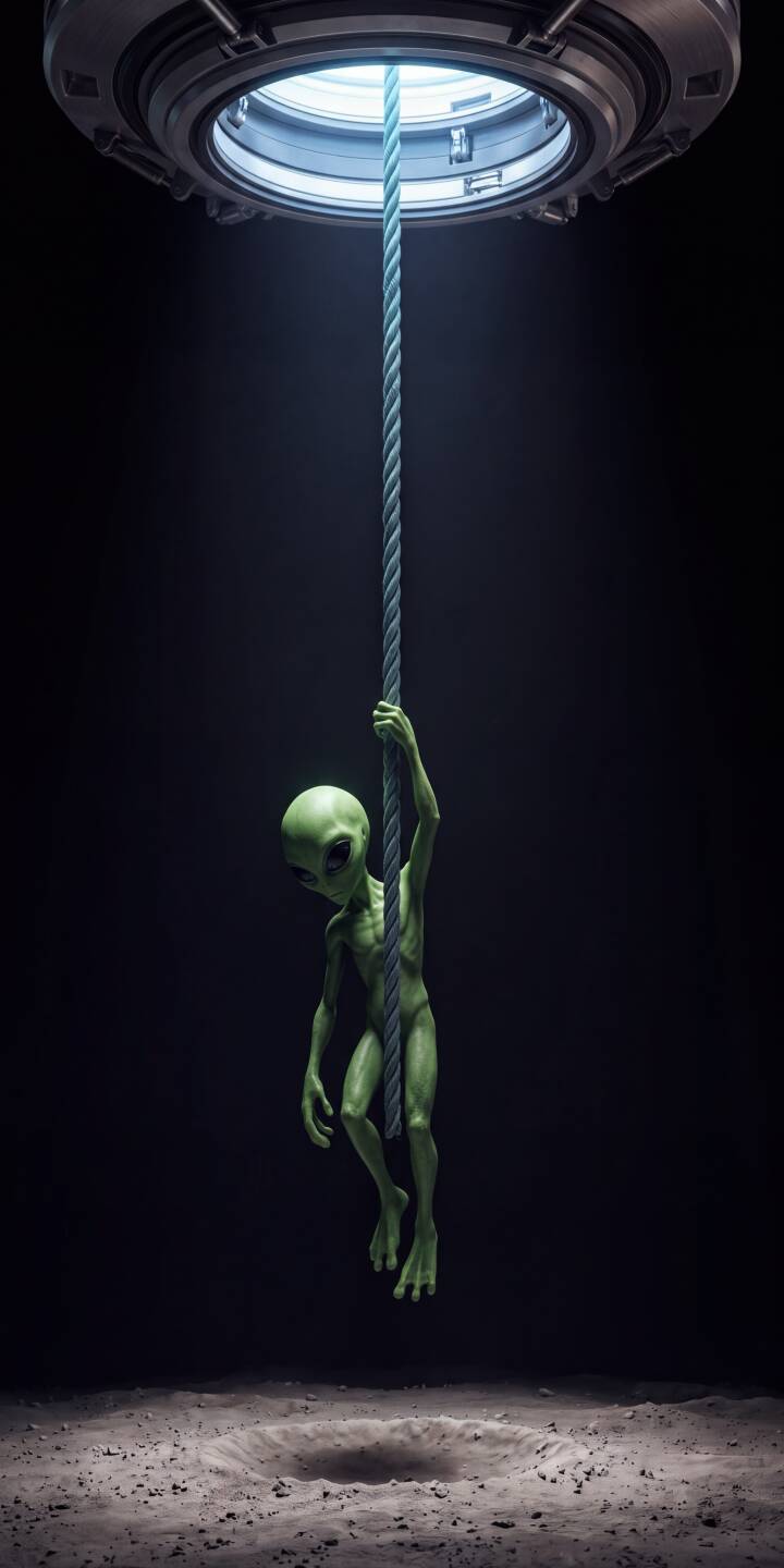 A small green alien with a blue tie struggles on a rope descending from a glowing futuristic hatch in this captivating 4K wallpaper, making it a perfect dark sci-fi wallpaper for iPhone screens. | dark iphone minimalist wallpaper ufo alien futuristic mobile 4k wallpaper hd wallpaper sci-fi extraterrestrial A small green alien with a blue tie struggles on a rope descending from a glowing futuristic hatch in this captivating 4K wallpaper, making it a perfect dark sci-fi wallpaper for iPhone screens.