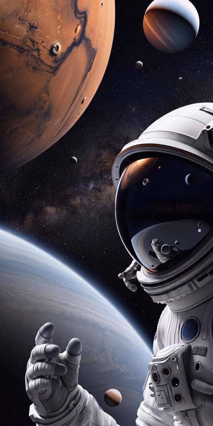 Reflections of distant planets shimmer in the astronaut's polished visor as they float serenely through space, with Earth's curvature below and Mars above, creating an epic 4K wallpaper for your iPhone. | astronaut space earth iphone planets mars wallpaper mobile 4k wallpaper hd wallpaper cosmos space exploration Reflections of distant planets shimmer in the astronaut's polished visor as they float serenely through space, with Earth's curvature below and Mars above, creating an epic 4K wallpaper for your iPhone.