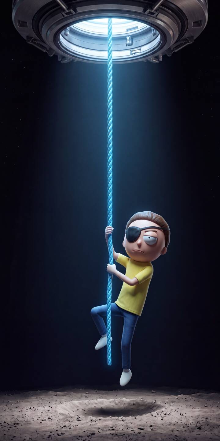 Evil Morty, with his signature eyepatch, climbs a luminous blue energy rope from a sci-fi portal in this dramatic 4K wallpaper. This captivating scene makes a perfect wallpaper for iPhone users who enjoy the mysterious adventures of Rick and Morty. | iphone wallpaper rick and morty animation mobile climbing portal 4k wallpaper hd wallpaper sci-fi morty smith evil morty Evil Morty, with his signature eyepatch, climbs a luminous blue energy rope from a sci-fi portal in this dramatic 4K wallpaper. This captivating scene makes a perfect wallpaper for iPhone users who enjoy the mysterious adventures of Rick and Morty.