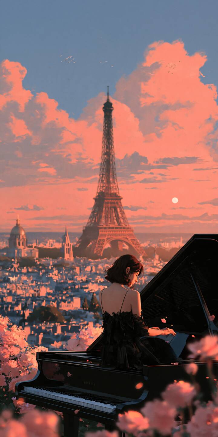 A beautiful pianist in an elegant black dress plays a grand piano overlooking the romantic city of Paris. The Eiffel Tower rises above the skyline beneath a breathtaking sunset filled with glowing pink and peach clouds. Delicate blossoms frame the scene, while warm evening light creates a magical atmosphere of music, love, and timeless Parisian elegance. A dreamy cinematic composition inspired by the beauty of art and romance. | sunset paris romance piano eiffel A beautiful pianist in an elegant black dress plays a grand piano overlooking the romantic city of Paris. The Eiffel Tower rises above the skyline beneath a breathtaking sunset filled with glowing pink and peach clouds. Delicate blossoms frame the scene, while warm evening light creates a magical atmosphere of music, love, and timeless Parisian elegance. A dreamy cinematic composition inspired by the beauty of art and romance.