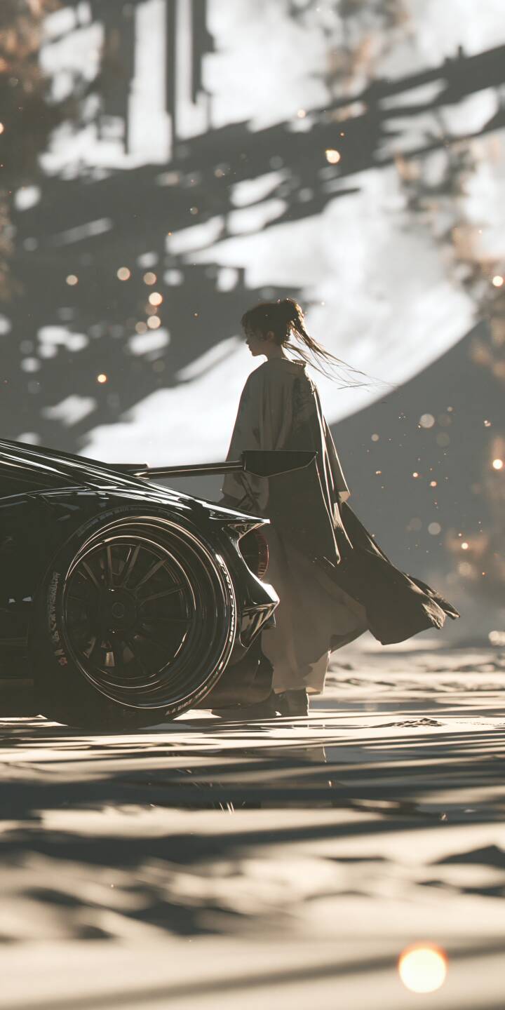 A mysterious woman in a flowing dark coat stands beside a sleek black supercar, surrounded by the warm glow of golden-hour sunlight. Dramatic shadows stretch across the urban setting, while soft reflections highlight the car's sculpted body and intricate wheel details. Her windswept hair, elegant silhouette, and the floating particles of light create a captivating cinematic atmosphere. Blending luxury automotive aesthetics with fashion photography, this scene captures a timeless moment of confidence, mystery, and quiet sophistication. | woman supercar shadows sunlight moody A mysterious woman in a flowing dark coat stands beside a sleek black supercar, surrounded by the warm glow of golden-hour sunlight. Dramatic shadows stretch across the urban setting, while soft reflections highlight the car's sculpted body and intricate wheel details. Her windswept hair, elegant silhouette, and the floating particles of light create a captivating cinematic atmosphere. Blending luxury automotive aesthetics with fashion photography, this scene captures a timeless moment of confidence, mystery, and quiet sophistication.