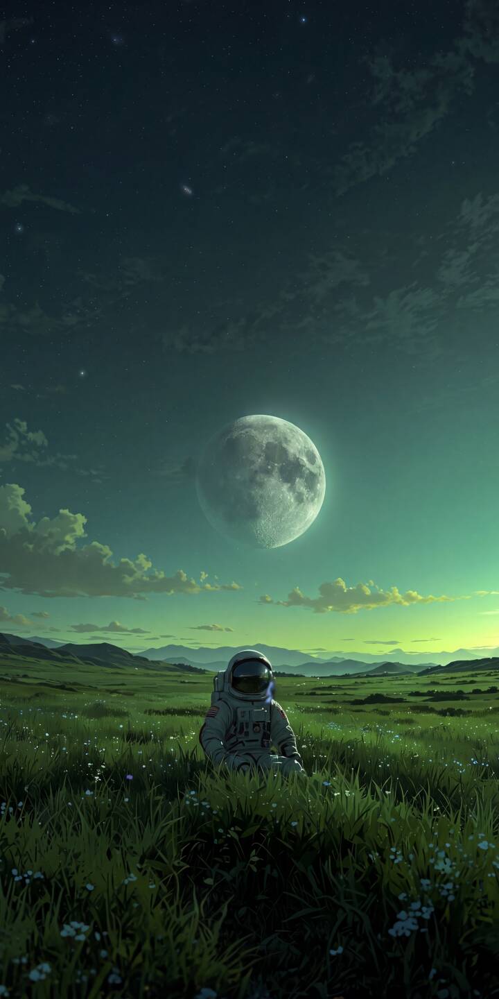 The lone astronaut sits peacefully in a vibrant green field under a massive full moon, casting an ethereal glow over the landscape in this serene 4K wallpaper. This stunning visual makes for a captivating iPhone wallpaper that blends sci-fi with natural beauty. | field moon astronaut space night sky iphone wallpaper mobile digital art 4k wallpaper hd wallpaper serene The lone astronaut sits peacefully in a vibrant green field under a massive full moon, casting an ethereal glow over the landscape in this serene 4K wallpaper. This stunning visual makes for a captivating iPhone wallpaper that blends sci-fi with natural beauty.