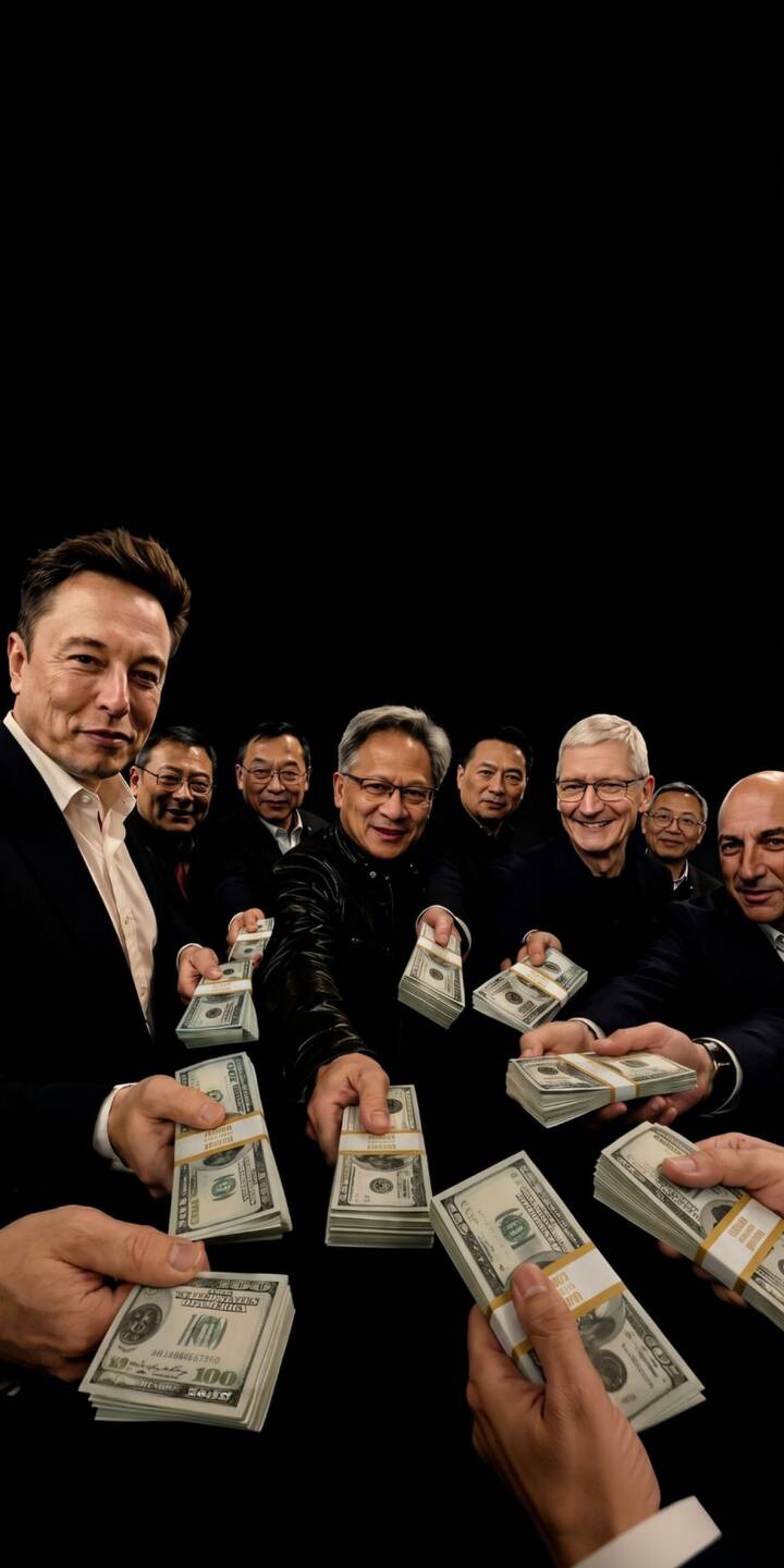 Stacks of $100 bills are extended by tech giants like Elon Musk, Jensen Huang, and Tim Cook in this striking 4K wallpaper. This dynamic wallpaper captures the essence of wealth and power for your iPhone. | cash money iphone wallpaper elon musk mobile billionaire 4k wallpaper hd wallpaper jensen huang tim cook tech ceo Stacks of $100 bills are extended by tech giants like Elon Musk, Jensen Huang, and Tim Cook in this striking 4K wallpaper. This dynamic wallpaper captures the essence of wealth and power for your iPhone.