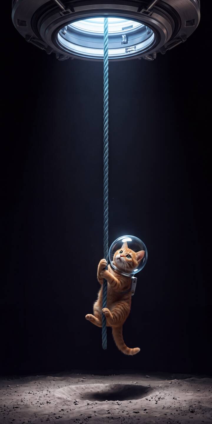 The determined orange tabby cat, wearing a clear astronaut helmet, diligently climbs a rope illuminated by a futuristic hatch in this striking 4K wallpaper — a truly unique wallpaper for iPhone users who love space and felines. | animal cat space cute iphone wallpaper mobile 4k wallpaper hd wallpaper sci-fi adventure astronaut cat The determined orange tabby cat, wearing a clear astronaut helmet, diligently climbs a rope illuminated by a futuristic hatch in this striking 4K wallpaper — a truly unique wallpaper for iPhone users who love space and felines.