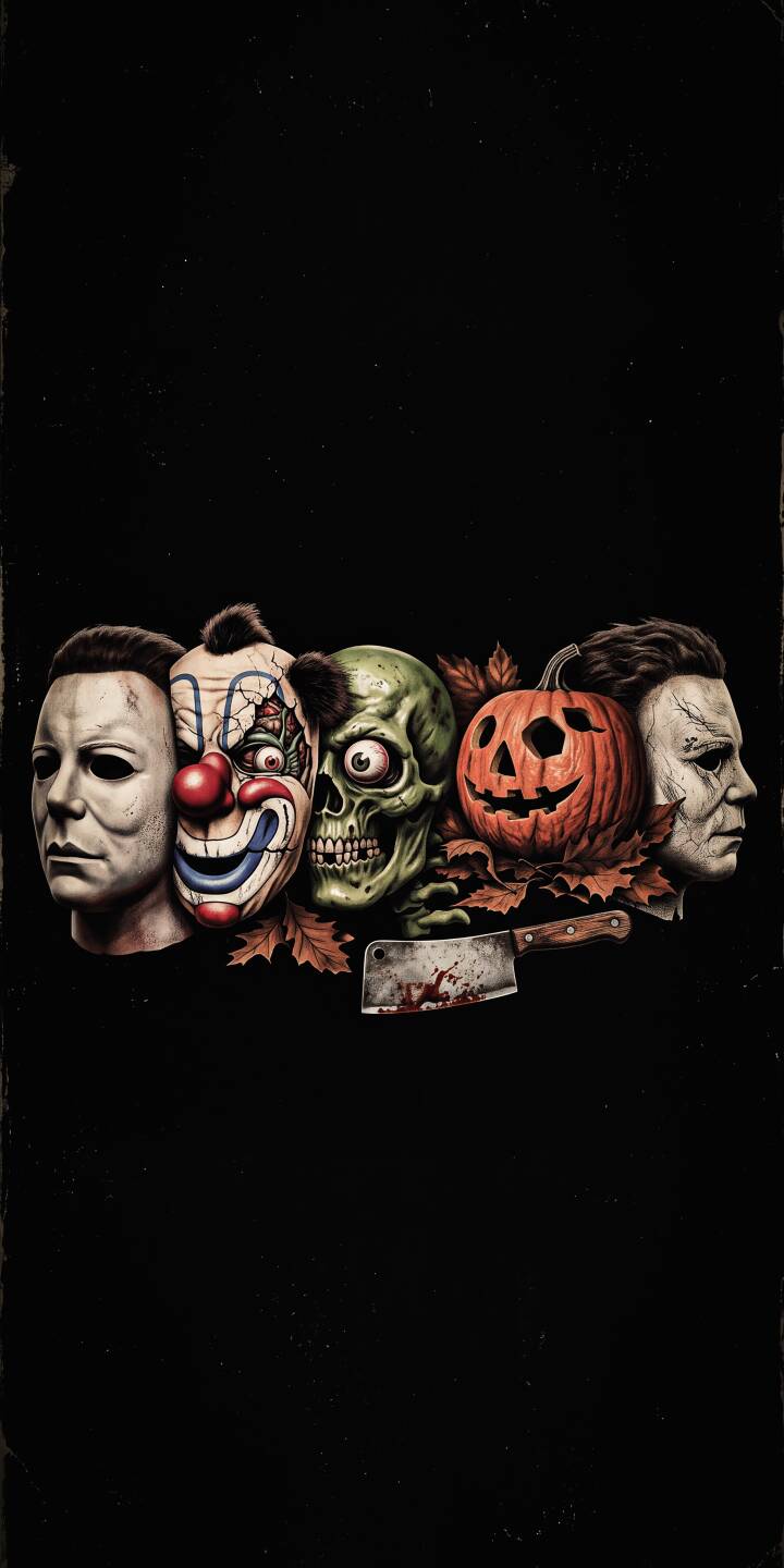 A gruesome lineup of classic horror masks, including Michael Myers and a wicked clown, sits alongside a bloody cleaver and autumn leaves in this chilling 4K wallpaper. This terrifying collection offers a perfect Halloween-themed wallpaper for iPhone users seeking a spooky lock screen. | zombie halloween iphone scary wallpaper horror mobile michael myers 4k wallpaper hd wallpaper clown mask cleaver A gruesome lineup of classic horror masks, including Michael Myers and a wicked clown, sits alongside a bloody cleaver and autumn leaves in this chilling 4K wallpaper. This terrifying collection offers a perfect Halloween-themed wallpaper for iPhone users seeking a spooky lock screen.