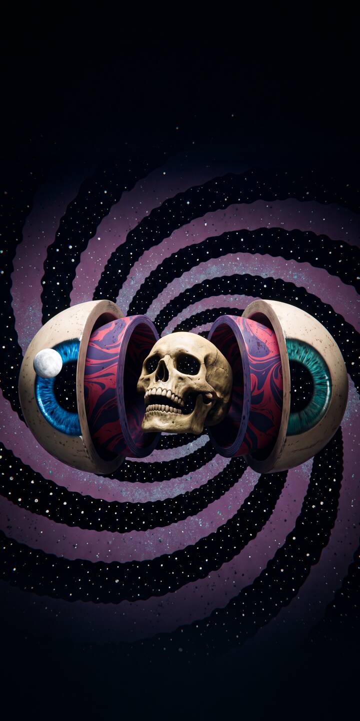 A skeletal skull floats eerily between two halves of an exploded eyeball, revealing vibrant marbled interiors against a dizzying starry spiral background in this stunning 4K wallpaper — an ideal psychedelic wallpaper for iPhone users. | spiral skull iphone wallpaper mobile 4k wallpaper hd wallpaper surreal psychedelic cosmic anatomy eyeball A skeletal skull floats eerily between two halves of an exploded eyeball, revealing vibrant marbled interiors against a dizzying starry spiral background in this stunning 4K wallpaper — an ideal psychedelic wallpaper for iPhone users.