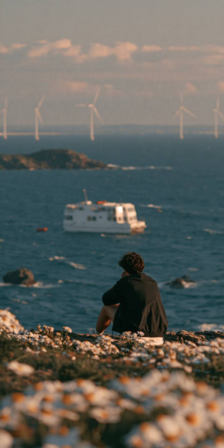 A lone traveler sits quietly among delicate coastal flowers, gazing across the deep blue sea toward a distant boat and offshore wind turbines. Soft golden evening light, gentle ocean waves, and dreamy background blur create a peaceful cinematic atmosphere filled with solitude, freedom, and the beauty of slowing down. | sunset ocean solitude peaceful seaside A lone traveler sits quietly among delicate coastal flowers, gazing across the deep blue sea toward a distant boat and offshore wind turbines. Soft golden evening light, gentle ocean waves, and dreamy background blur create a peaceful cinematic atmosphere filled with solitude, freedom, and the beauty of slowing down.