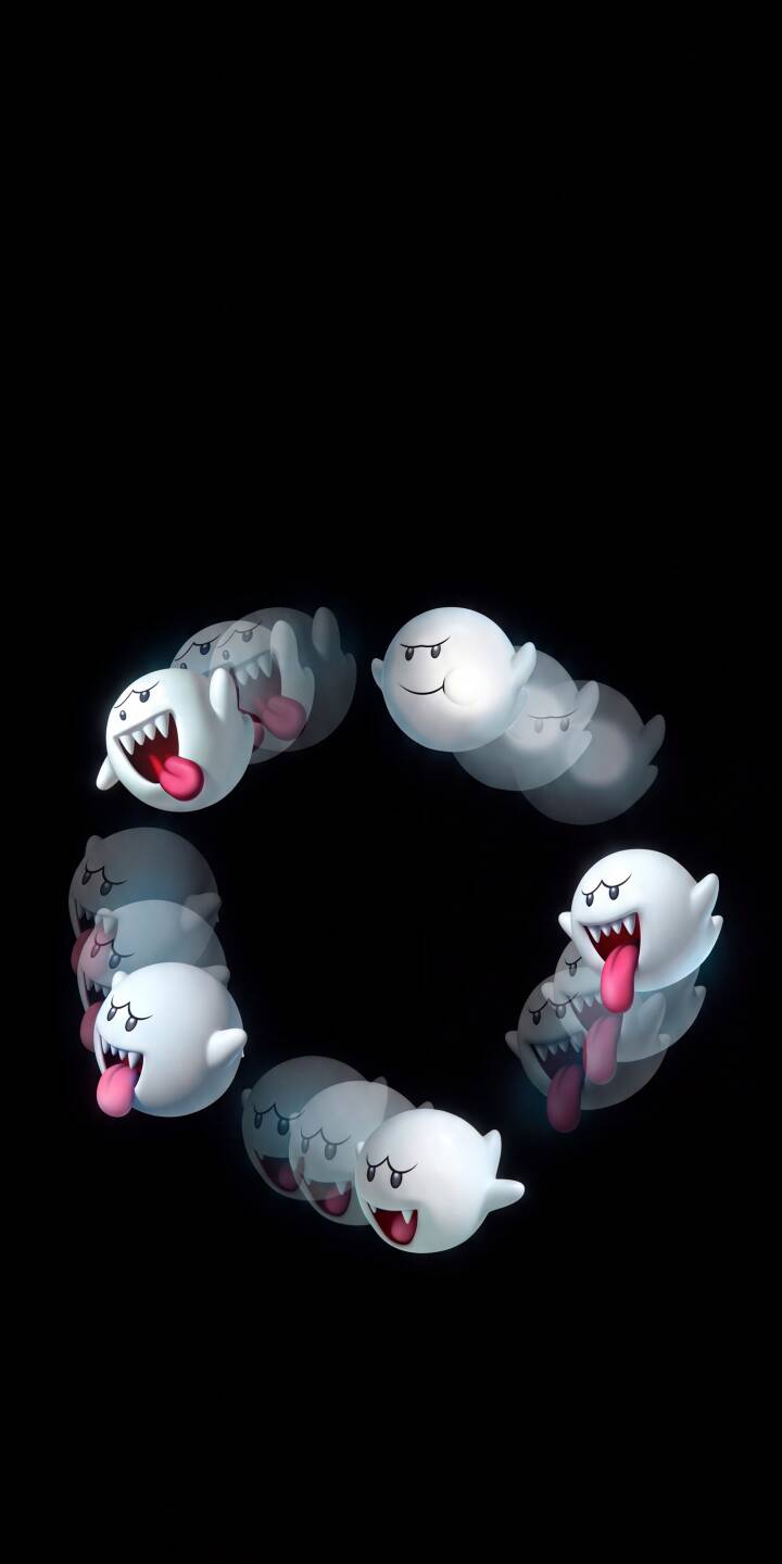 A swirling circle of mischievous Boos, some with their signature long pink tongues extended, creates a dynamic pattern against a deep black background in this playful 4K wallpaper. This spirited wallpaper for iPhone perfectly captures the spooky charm of Mario's iconic ghosts. | aesthetic nintendo iphone gaming spooky wallpaper super mario boo mobile 4k wallpaper hd wallpaper king boo A swirling circle of mischievous Boos, some with their signature long pink tongues extended, creates a dynamic pattern against a deep black background in this playful 4K wallpaper. This spirited wallpaper for iPhone perfectly captures the spooky charm of Mario's iconic ghosts.