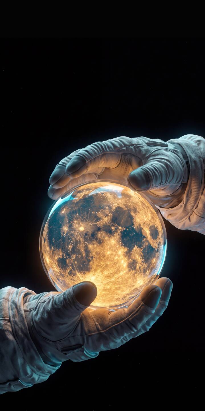 Astronaut hands tenderly cradle a radiant moon-like orb, glowing with intricate city lights against a deep black cosmic backdrop, forming an awe-inspiring 4K wallpaper. This captivating space wallpaper is a must-have for personalizing your iPhone. | moon astronaut space iphone wallpaper mobile glowing 4k wallpaper hd wallpaper orb sci-fi cosmic Astronaut hands tenderly cradle a radiant moon-like orb, glowing with intricate city lights against a deep black cosmic backdrop, forming an awe-inspiring 4K wallpaper. This captivating space wallpaper is a must-have for personalizing your iPhone.