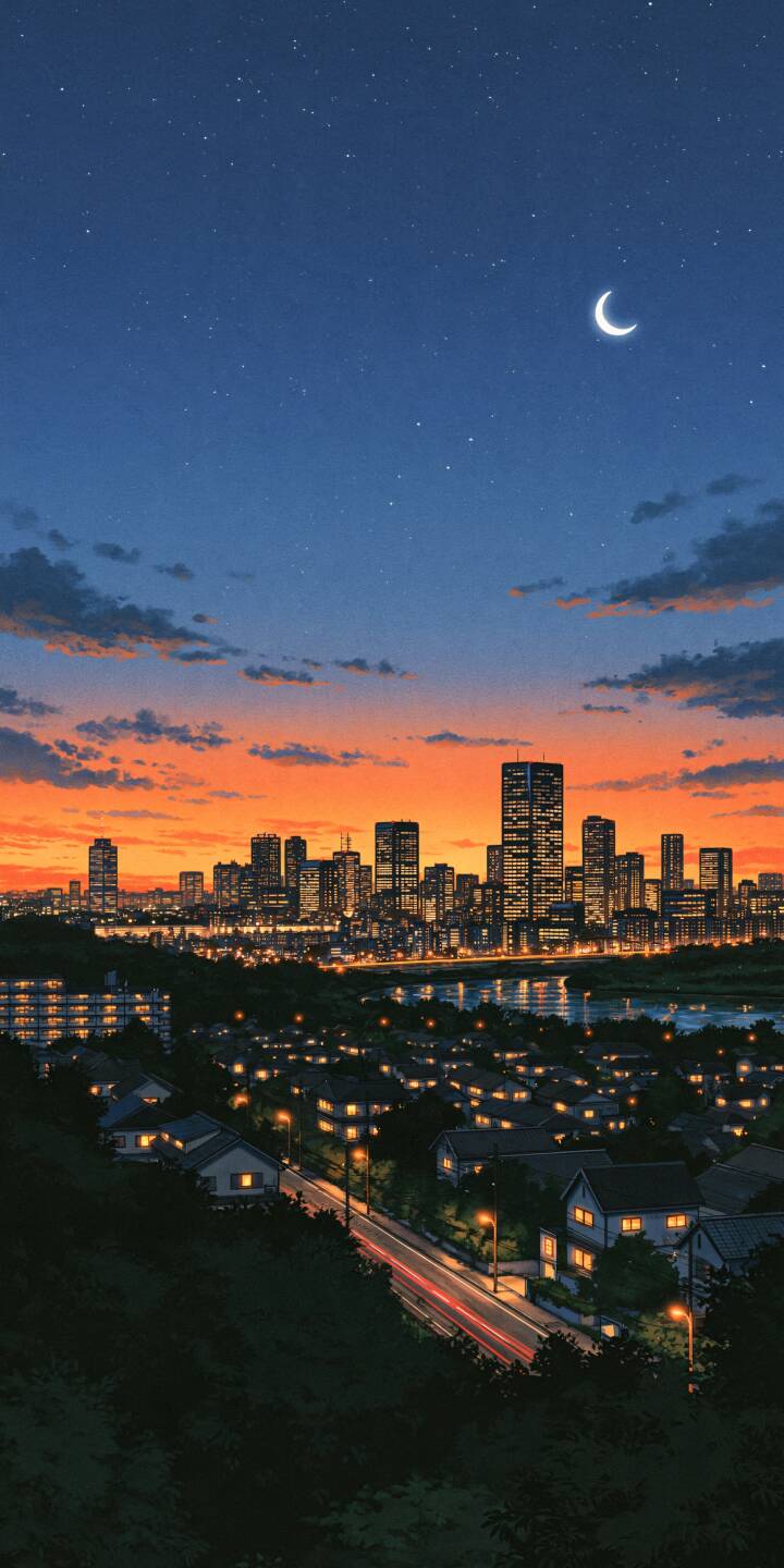 A glowing crescent moon hangs above a peaceful city as the last light of sunset paints the horizon in brilliant shades of orange and pink. Beneath the deep blue, star-filled sky, illuminated skyscrapers rise above quiet neighborhoods, where warm window lights and winding roads bring the city to life. The beautiful contrast between the cool evening sky and golden urban lights creates a dreamy, cinematic atmosphere filled with warmth, nostalgia, and the quiet romance of nightfall. | sunset city night moon skyline A glowing crescent moon hangs above a peaceful city as the last light of sunset paints the horizon in brilliant shades of orange and pink. Beneath the deep blue, star-filled sky, illuminated skyscrapers rise above quiet neighborhoods, where warm window lights and winding roads bring the city to life. The beautiful contrast between the cool evening sky and golden urban lights creates a dreamy, cinematic atmosphere filled with warmth, nostalgia, and the quiet romance of nightfall.