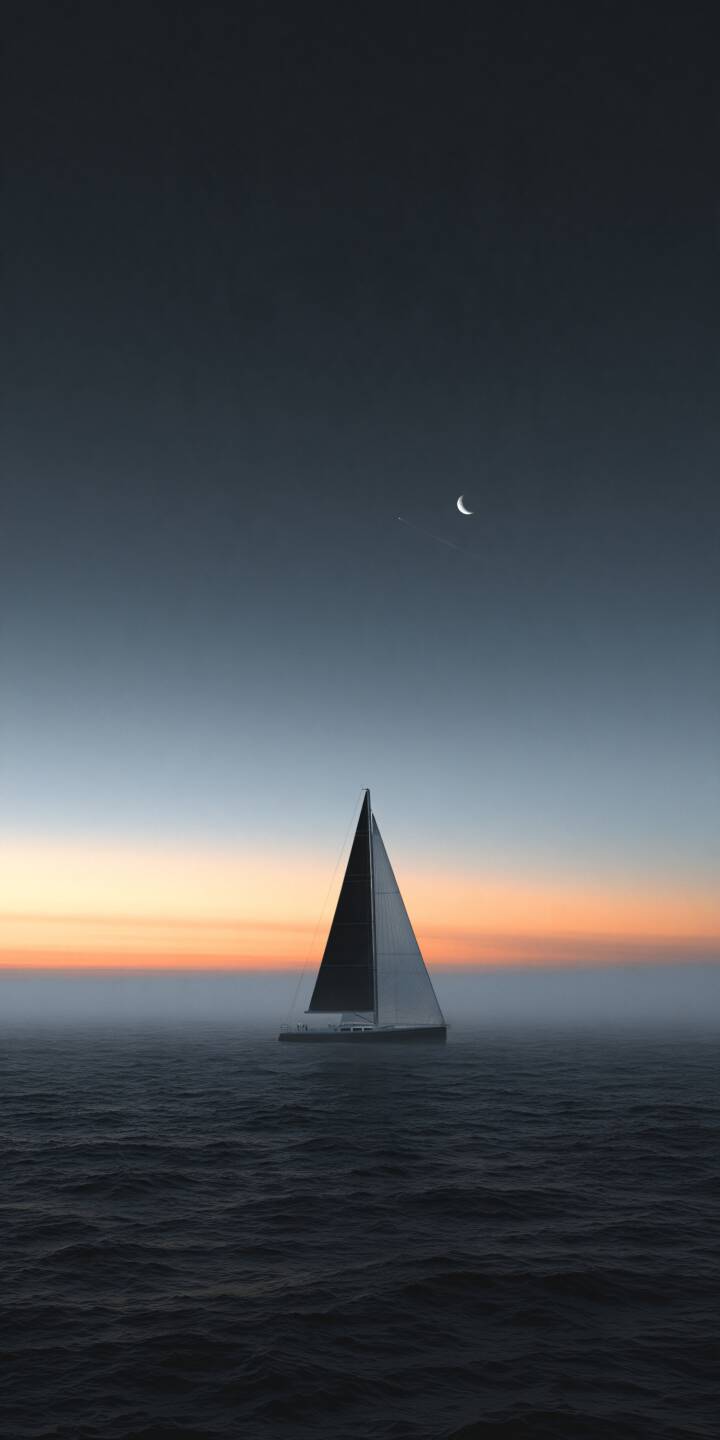 A solitary sailboat drifts across the calm, dark ocean beneath a delicate crescent moon. Soft orange and pink twilight glows along the distant horizon, gradually fading into the deep blue evening sky. The minimalist composition and gentle sea mist create a peaceful cinematic atmosphere filled with solitude, freedom, and the quiet beauty of an endless journey. | aesthetic ocean minimalist sailboat solitude A solitary sailboat drifts across the calm, dark ocean beneath a delicate crescent moon. Soft orange and pink twilight glows along the distant horizon, gradually fading into the deep blue evening sky. The minimalist composition and gentle sea mist create a peaceful cinematic atmosphere filled with solitude, freedom, and the quiet beauty of an endless journey.