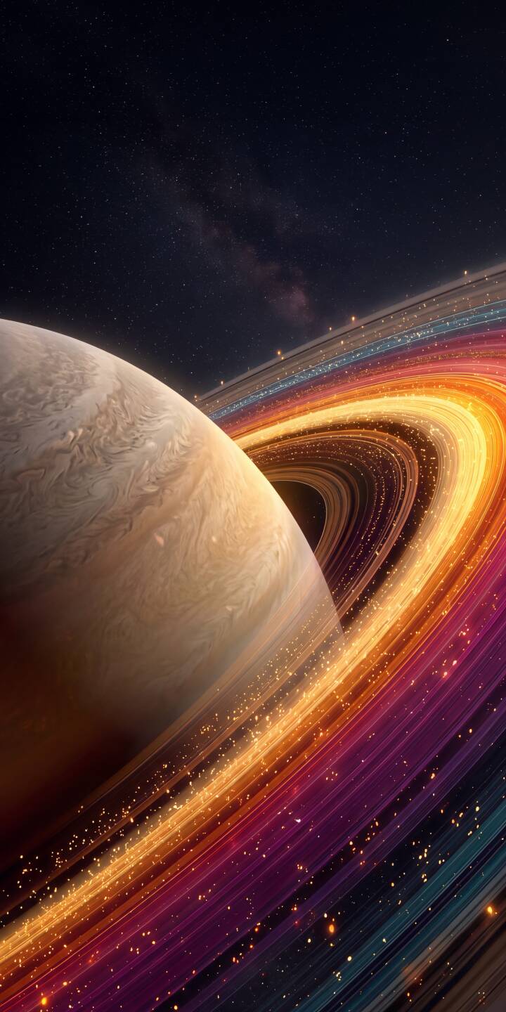 Glowing with an incredible spectrum of orange, purple, and yellow, the vibrant rings brilliantly encircle a majestic gas giant in this stunning 4K cosmic wallpaper. This eye-catching display of a ringed planet and shimmering stardust is the perfect interstellar wallpaper for your iPhone. | aesthetic space planet iphone galaxy rings wallpaper vibrant mobile 4k wallpaper hd wallpaper cosmic Glowing with an incredible spectrum of orange, purple, and yellow, the vibrant rings brilliantly encircle a majestic gas giant in this stunning 4K cosmic wallpaper. This eye-catching display of a ringed planet and shimmering stardust is the perfect interstellar wallpaper for your iPhone.