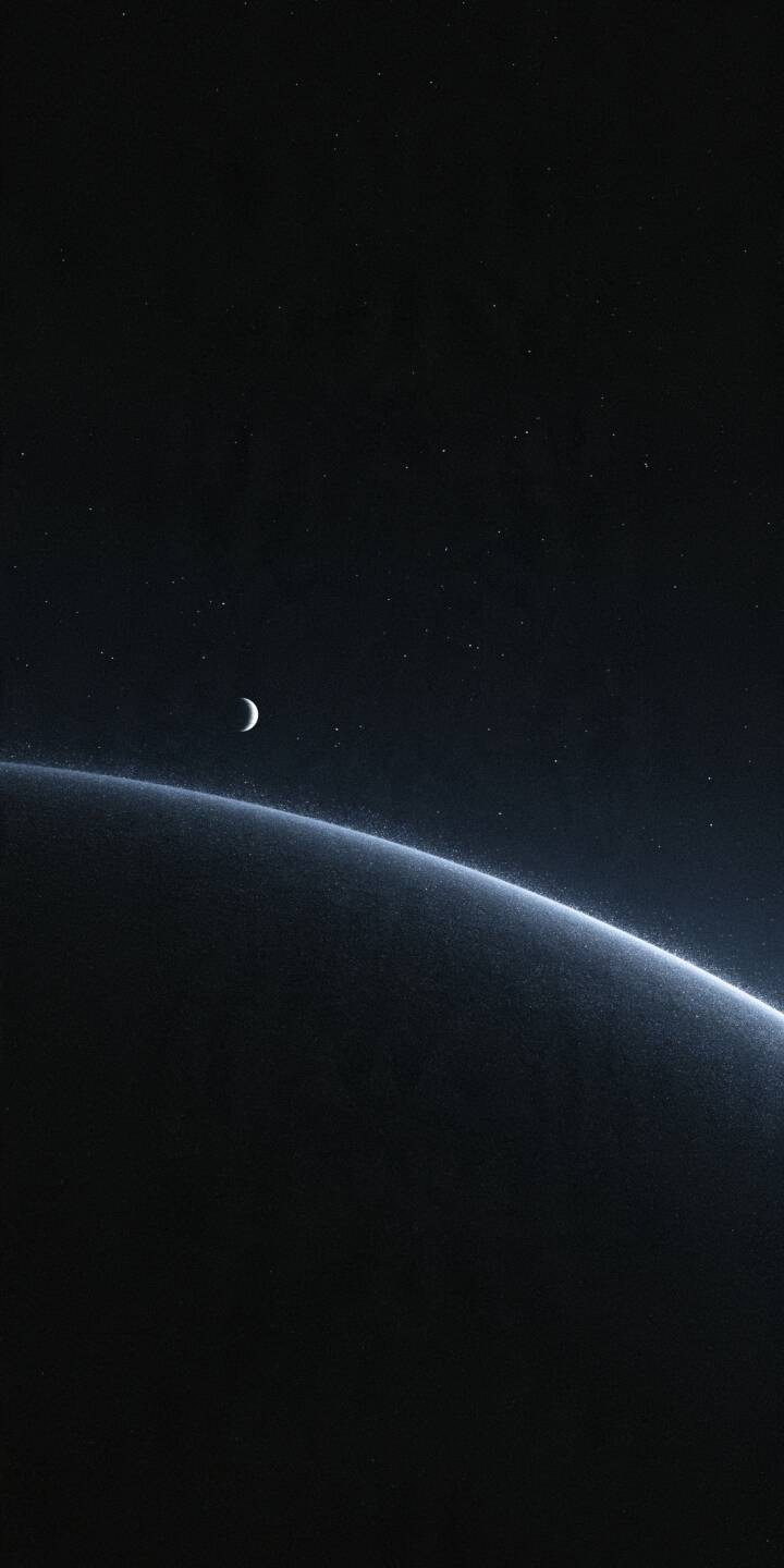 A vast, shadow-covered planet curves gracefully across the darkness of space, its distant horizon illuminated by a delicate silver-blue glow. Far beyond the planetary edge, a tiny crescent moon hangs beneath a scattered field of stars, emphasizing the immense scale and mysterious silence of the universe. Deep black tones, subtle celestial lighting, and a minimalist composition create a breathtaking cosmic landscape filled with solitude, wonder, and timeless beauty. | dark moon space planet universe A vast, shadow-covered planet curves gracefully across the darkness of space, its distant horizon illuminated by a delicate silver-blue glow. Far beyond the planetary edge, a tiny crescent moon hangs beneath a scattered field of stars, emphasizing the immense scale and mysterious silence of the universe. Deep black tones, subtle celestial lighting, and a minimalist composition create a breathtaking cosmic landscape filled with solitude, wonder, and timeless beauty.