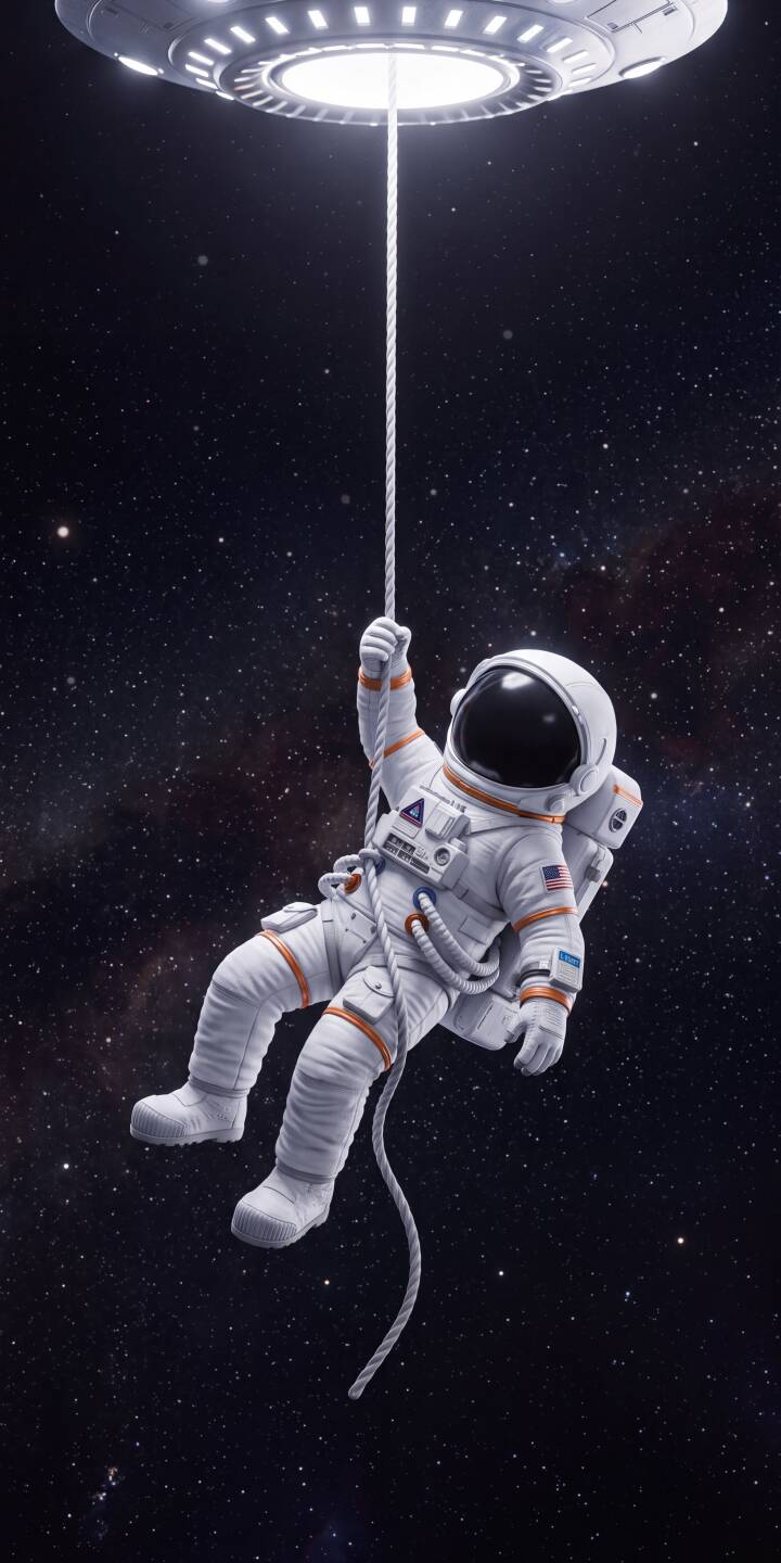 A brave astronaut in a crisp white suit and dark visor dangles precariously from a glowing rope, being pulled towards a futuristic UFO amidst a starry 4K cosmic expanse. This captivating space wallpaper is a stellar choice for iPhone users seeking a unique and adventurous wallpaper. | astronaut space iphone wallpaper ufo alien abduction mobile 4k wallpaper hd wallpaper sci-fi cosmic A brave astronaut in a crisp white suit and dark visor dangles precariously from a glowing rope, being pulled towards a futuristic UFO amidst a starry 4K cosmic expanse. This captivating space wallpaper is a stellar choice for iPhone users seeking a unique and adventurous wallpaper.