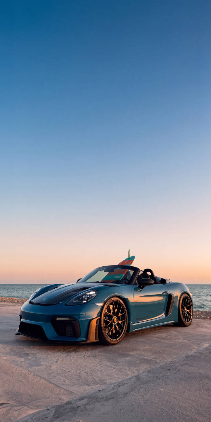Striking sunset hues paint the sky above this teal Porsche Boxster Spyder, a colorful surfboard casually stowed in the back, making it a perfect 4K wallpaper for iPhone. This premium wallpaper captures a luxurious beach escape. | sunset sports car beach teal iphone porsche wallpaper mobile surf 4k wallpaper hd wallpaper porsche boxster Striking sunset hues paint the sky above this teal Porsche Boxster Spyder, a colorful surfboard casually stowed in the back, making it a perfect 4K wallpaper for iPhone. This premium wallpaper captures a luxurious beach escape.