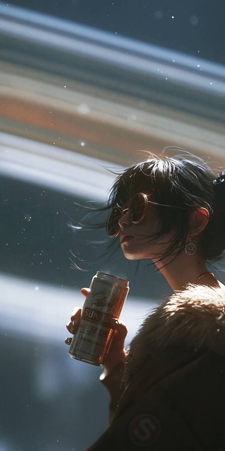 A stylish girl wearing round sunglasses holds a drink beneath dramatic beams of light. Her windswept hair, vintage-inspired outfit, and the contrast of cool shadows and warm highlights create a mysterious, rebellious atmosphere with a cinematic fashion aesthetic. | girl retro fashion moody streetstyle A stylish girl wearing round sunglasses holds a drink beneath dramatic beams of light. Her windswept hair, vintage-inspired outfit, and the contrast of cool shadows and warm highlights create a mysterious, rebellious atmosphere with a cinematic fashion aesthetic.