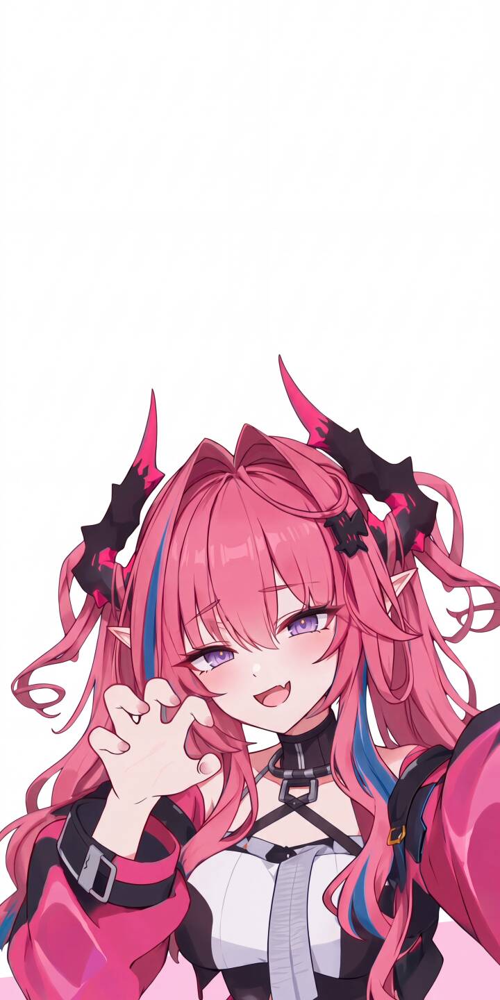 With a playful, fanged grin and striking pink hair highlighted by blue streaks, this anime demon girl makes a vibrant 4K wallpaper. Her iconic black and pink horns complete the look, creating an eye-catching wallpaper for iPhone users. | cute iphone fantasy wallpaper anime girl mobile demon girl 4k wallpaper hd wallpaper horns pink hair playful With a playful, fanged grin and striking pink hair highlighted by blue streaks, this anime demon girl makes a vibrant 4K wallpaper. Her iconic black and pink horns complete the look, creating an eye-catching wallpaper for iPhone users.