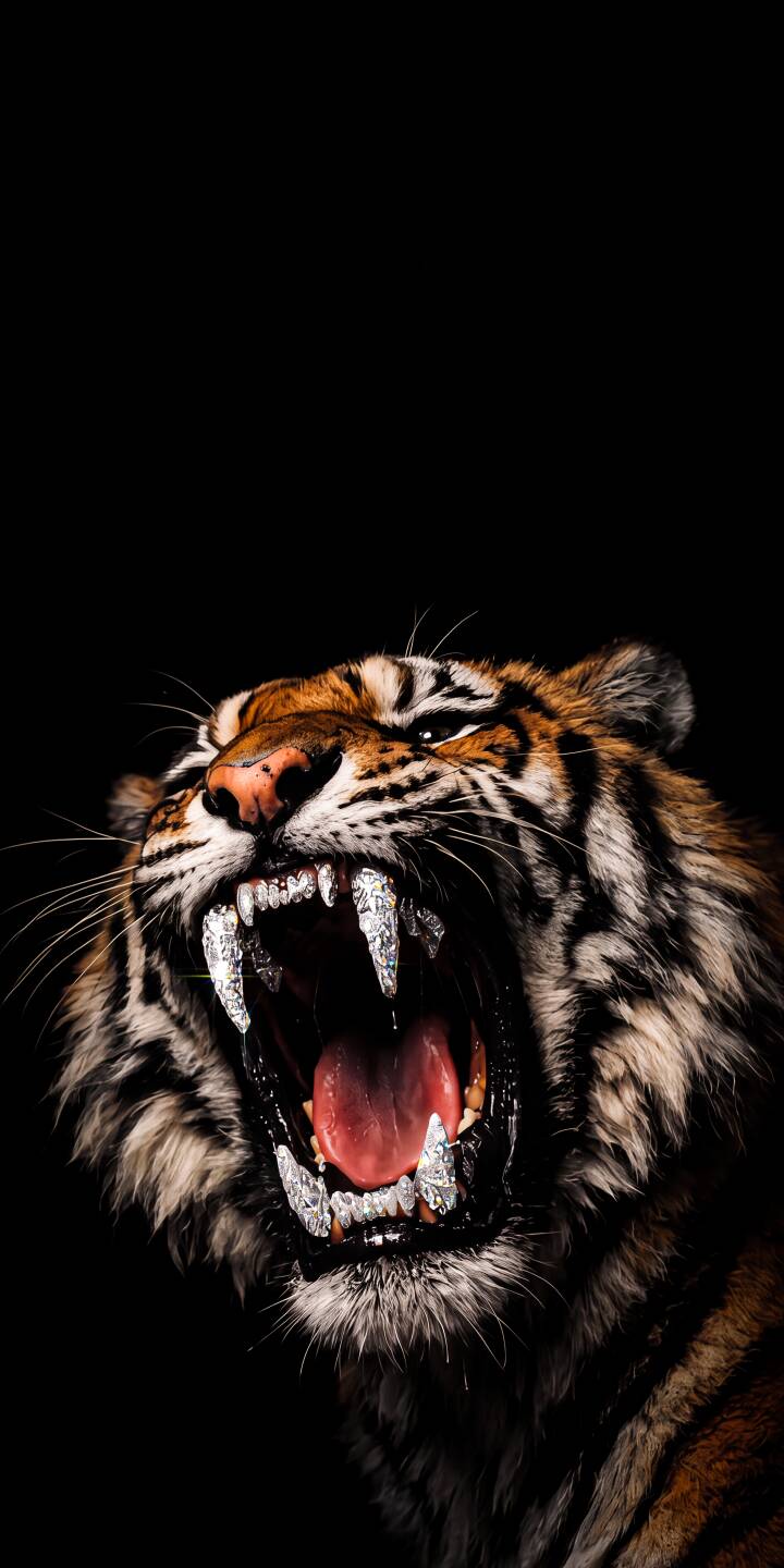 Glittering, diamond-like teeth gleam fiercely in this close-up 4K wallpaper featuring a majestic tiger mid-roar, a powerful wallpaper for your iPhone. | iphone tiger wallpaper black background mobile 4k wallpaper hd wallpaper wildlife big cat fierce roaring sparkling teeth Glittering, diamond-like teeth gleam fiercely in this close-up 4K wallpaper featuring a majestic tiger mid-roar, a powerful wallpaper for your iPhone.