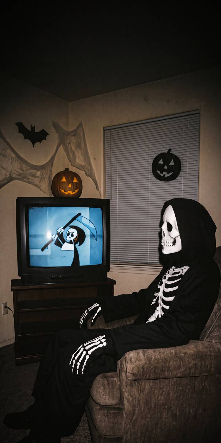 A cloaked figure in a skeleton costume relaxes in a dim room, engrossed in a vintage CRT television that displays a cartoon Grim Reaper, creating a nostalgic yet spooky 4K wallpaper for your iPhone. This atmospheric Halloween grim reaper wallpaper showcases classic decorations like glowing pumpkins and spiderwebs. | aesthetic skeleton halloween iphone vintage spooky wallpaper mobile 4k wallpaper hd wallpaper grim reaper crt tv A cloaked figure in a skeleton costume relaxes in a dim room, engrossed in a vintage CRT television that displays a cartoon Grim Reaper, creating a nostalgic yet spooky 4K wallpaper for your iPhone. This atmospheric Halloween grim reaper wallpaper showcases classic decorations like glowing pumpkins and spiderwebs.