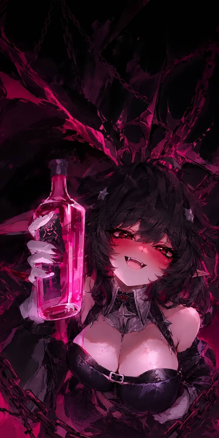 A glowing pink potion bottle is held by a dark-haired anime succubus with mischievous fangs and blushing red cheeks in this vibrant 4K wallpaper. This stunning gothic wallpaper is perfectly optimized for iPhone, bringing a captivating allure to your mobile device. | x A glowing pink potion bottle is held by a dark-haired anime succubus with mischievous fangs and blushing red cheeks in this vibrant 4K wallpaper. This stunning gothic wallpaper is perfectly optimized for iPhone, bringing a captivating allure to your mobile device.