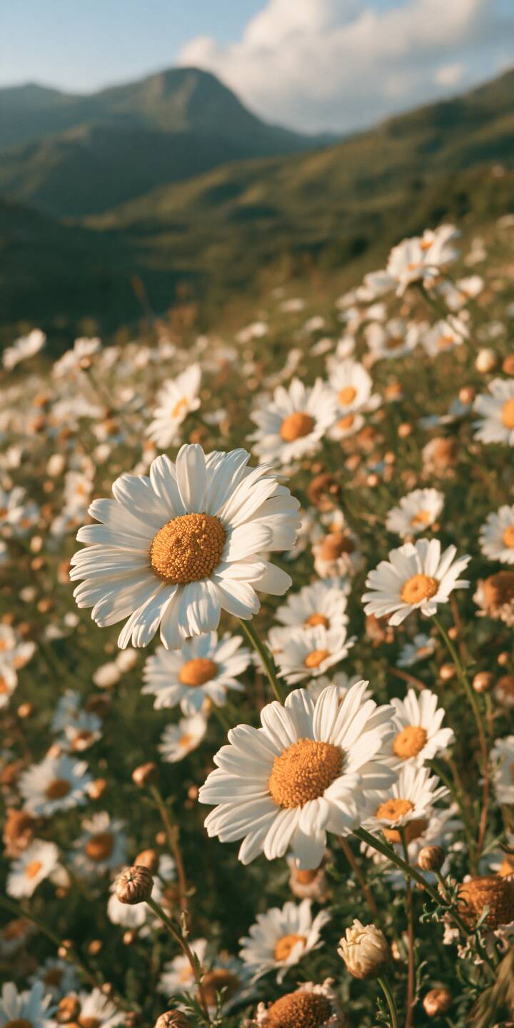 A beautiful field of white daisies blooms beneath the warm afternoon sunlight, surrounded by rolling green mountains and a soft blue sky. Delicate white petals and golden yellow centers glow in the gentle light, while the distant hills fade into a dreamy background blur. The natural colors, shallow depth of field, and peaceful mountain scenery create a refreshing atmosphere filled with warmth, happiness, and the simple beauty of summer. | aesthetic flowers summer meadow daisies A beautiful field of white daisies blooms beneath the warm afternoon sunlight, surrounded by rolling green mountains and a soft blue sky. Delicate white petals and golden yellow centers glow in the gentle light, while the distant hills fade into a dreamy background blur. The natural colors, shallow depth of field, and peaceful mountain scenery create a refreshing atmosphere filled with warmth, happiness, and the simple beauty of summer.