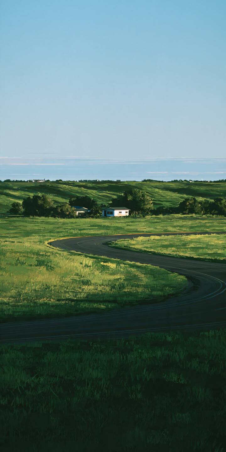 A winding country road curves gracefully through vast green meadows, surrounded by rolling hills and a few peaceful countryside houses. Warm sunlight illuminates the lush fields beneath a clear blue sky, while soft shadows add depth to the tranquil landscape. The open scenery and minimalist composition capture the refreshing beauty of summer, evoking feelings of freedom, serenity, and a quiet journey through nature. | landscape road countryside scenic greenfields A winding country road curves gracefully through vast green meadows, surrounded by rolling hills and a few peaceful countryside houses. Warm sunlight illuminates the lush fields beneath a clear blue sky, while soft shadows add depth to the tranquil landscape. The open scenery and minimalist composition capture the refreshing beauty of summer, evoking feelings of freedom, serenity, and a quiet journey through nature.