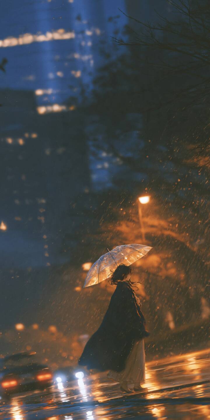 A lonely girl walks through a rainy city street beneath a transparent umbrella, surrounded by glowing streetlights and shimmering reflections. The contrast of warm golden light and deep blue shadows creates a dreamy, emotional cinematic atmosphere filled with solitude, mystery, and quiet beauty. | girl night solitude moody rainynight A lonely girl walks through a rainy city street beneath a transparent umbrella, surrounded by glowing streetlights and shimmering reflections. The contrast of warm golden light and deep blue shadows creates a dreamy, emotional cinematic atmosphere filled with solitude, mystery, and quiet beauty.