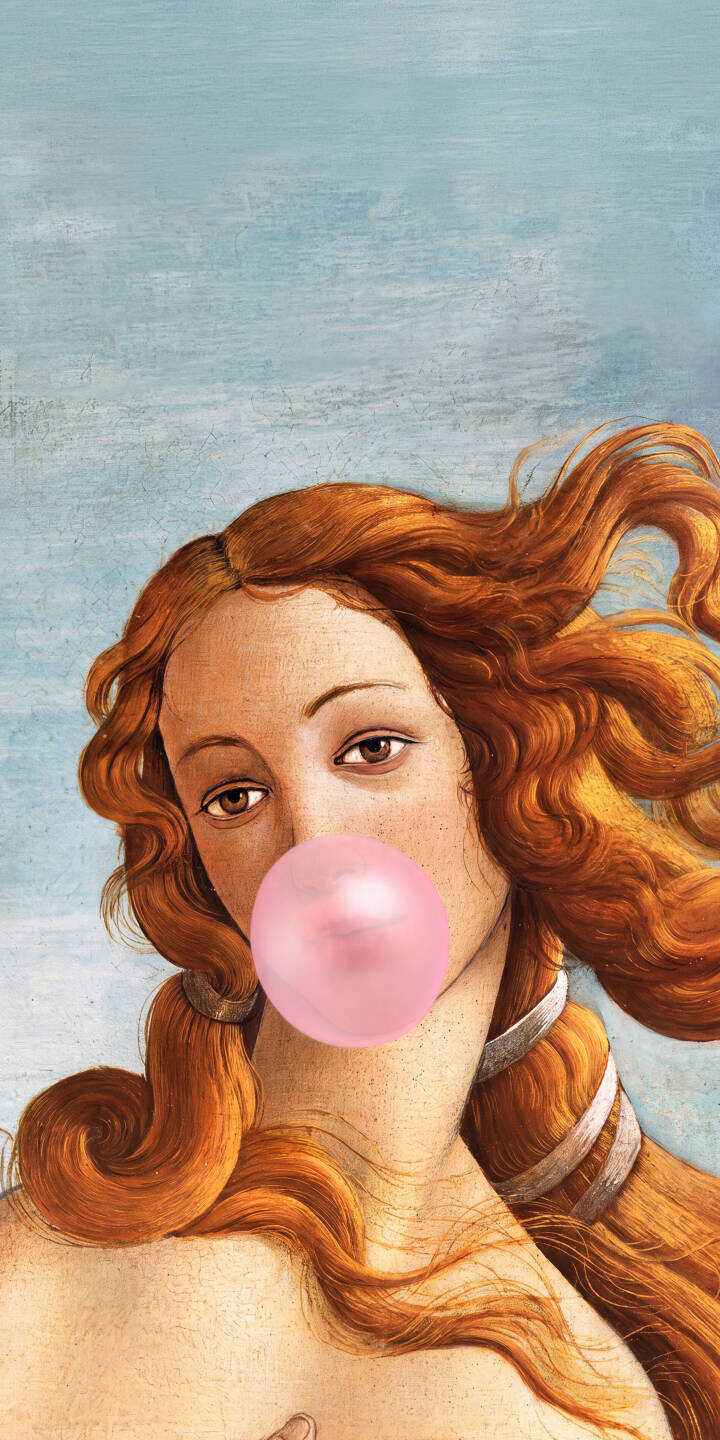 The iconic Botticelli's Venus takes a playful modern turn, blowing a vibrant pink bubblegum bubble against a light blue backdrop in this striking 4K wallpaper. This unique fusion of classic art and pop culture makes for an eye-catching iPhone wallpaper. | aesthetic iphone wallpaper mobile 4k wallpaper hd wallpaper pop art venus art mashup renaissance art botticelli pink bubblegum The iconic Botticelli's Venus takes a playful modern turn, blowing a vibrant pink bubblegum bubble against a light blue backdrop in this striking 4K wallpaper. This unique fusion of classic art and pop culture makes for an eye-catching iPhone wallpaper.