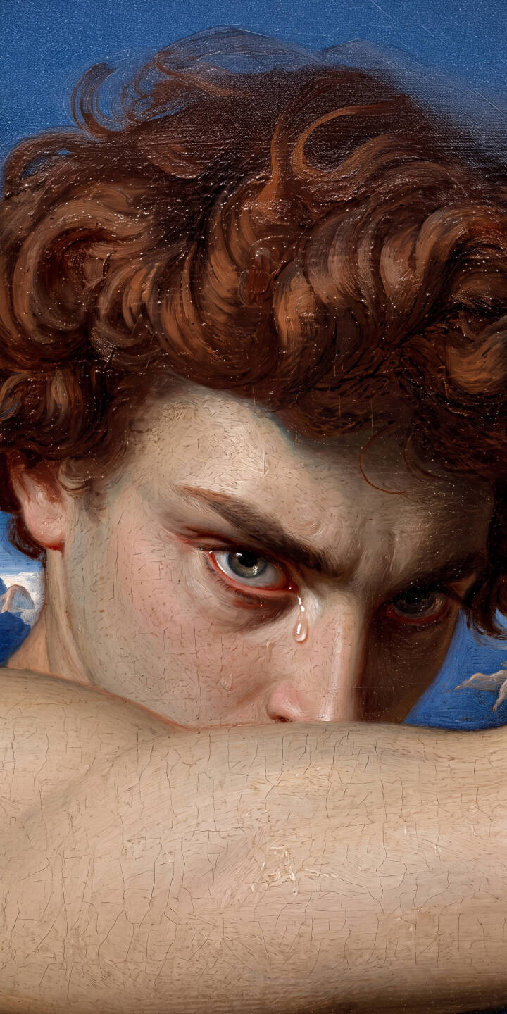 A single tear slowly falls from the intense blue eye of the Fallen Angel, capturing a moment of raw torment in this dramatic 4K wallpaper — a powerful classical art wallpaper for iPhone that features his striking red hair and a sorrowful expression. | tear painting iphone wallpaper mobile emotional 4k wallpaper hd wallpaper classical art fallen angel alexandre cabanel lucifer A single tear slowly falls from the intense blue eye of the Fallen Angel, capturing a moment of raw torment in this dramatic 4K wallpaper — a powerful classical art wallpaper for iPhone that features his striking red hair and a sorrowful expression.