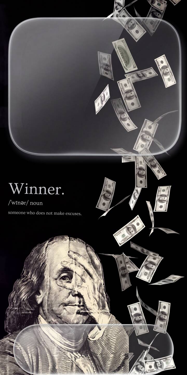 Hundreds of dollar bills rain down above an enigmatic Benjamin Franklin, his face partially obscured, alongside an empowering "Winner" quote on this striking 4K financial success wallpaper for iPhone. This motivational wallpaper creates a captivating visual for any mobile device. | quote cash money motivation iphone wallpaper mobile winner 4k wallpaper hd wallpaper benjamin franklin Hundreds of dollar bills rain down above an enigmatic Benjamin Franklin, his face partially obscured, alongside an empowering "Winner" quote on this striking 4K financial success wallpaper for iPhone. This motivational wallpaper creates a captivating visual for any mobile device.