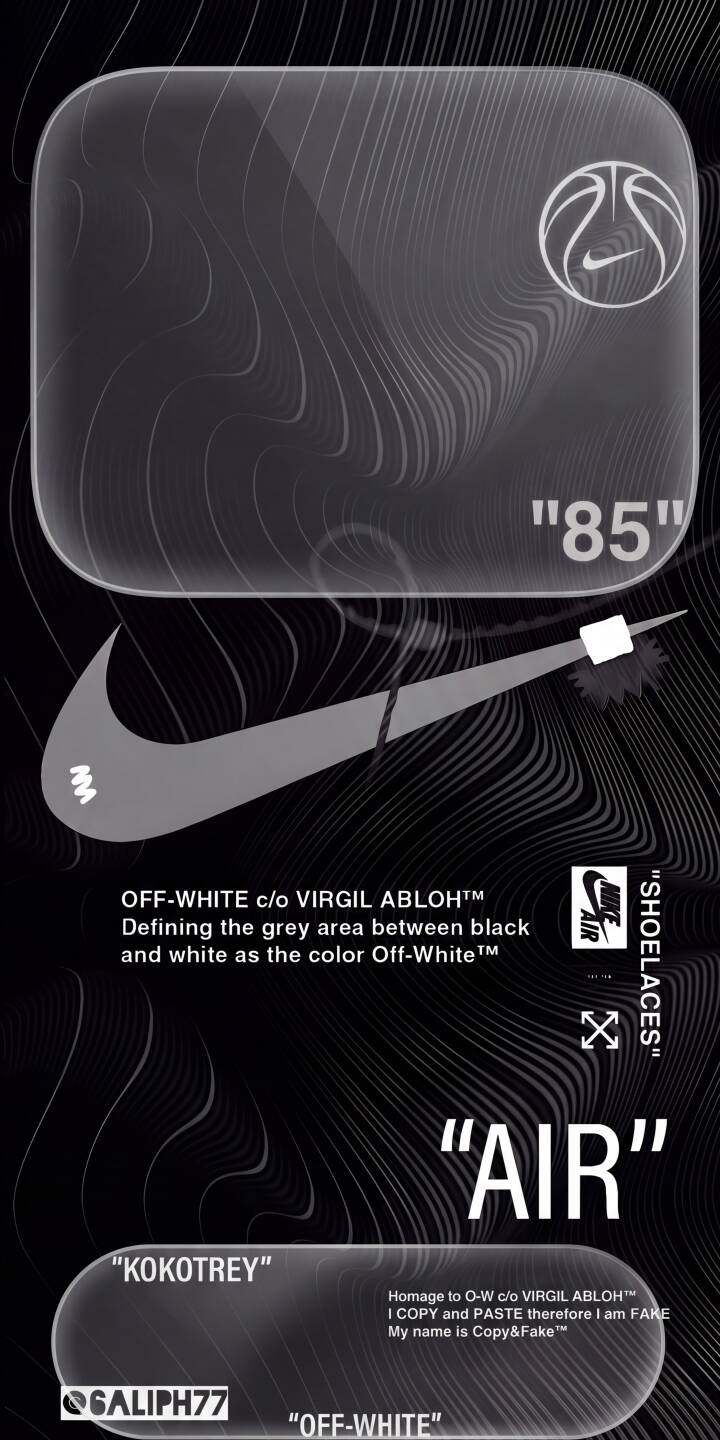 Subtle grey wavy textures on a sleek black background frame the iconic Nike Off-White branding, complete with transparent overlays and crisp text, in this striking 4K wallpaper. This minimalist design offers a sophisticated aesthetic, making it an ideal wallpaper for iPhone users. | nike iphone minimalist wallpaper mobile 4k wallpaper hd wallpaper streetwear black aesthetic off-white sneaker virgil abloh Subtle grey wavy textures on a sleek black background frame the iconic Nike Off-White branding, complete with transparent overlays and crisp text, in this striking 4K wallpaper. This minimalist design offers a sophisticated aesthetic, making it an ideal wallpaper for iPhone users.