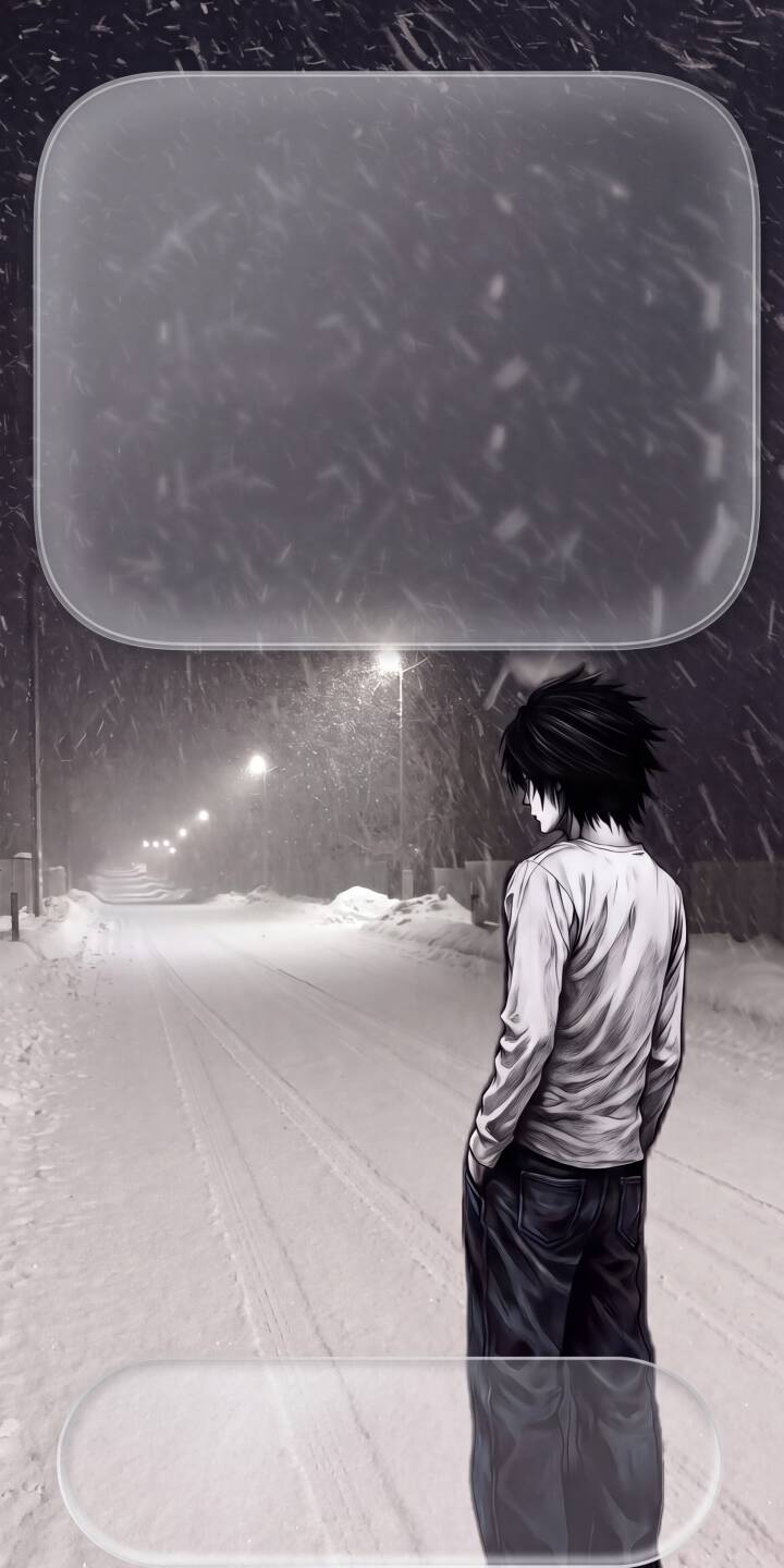 Heavy snow falls around L as he stands alone on a desolate street, hands in his pockets, gazing down the path in this atmospheric 4K wallpaper. This pensive L wallpaper is perfect for your iPhone, capturing a solitary mood under distant streetlights. | dark snow winter anime iphone wallpaper mobile 4k wallpaper hd wallpaper monochrome death note l Heavy snow falls around L as he stands alone on a desolate street, hands in his pockets, gazing down the path in this atmospheric 4K wallpaper. This pensive L wallpaper is perfect for your iPhone, capturing a solitary mood under distant streetlights.