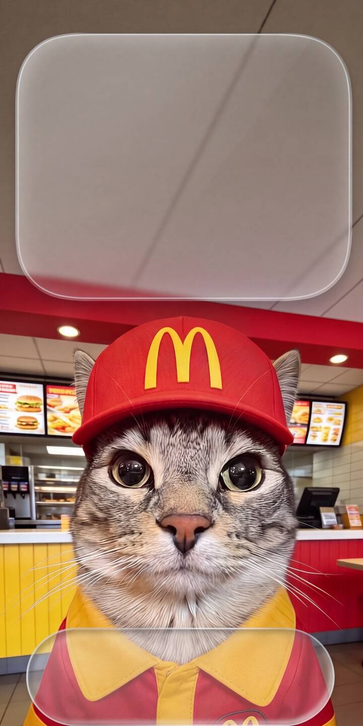 An adorable feline, with wide, earnest eyes, dons a vibrant red McDonald's hat and uniform shirt in this charming 4K wallpaper. This delightful cat wallpaper is perfect for personalizing your iPhone with a touch of whimsy and fast-food fun. | meme funny animal cat cute iphone wallpaper mcdonalds fast food mobile 4k wallpaper hd wallpaper An adorable feline, with wide, earnest eyes, dons a vibrant red McDonald's hat and uniform shirt in this charming 4K wallpaper. This delightful cat wallpaper is perfect for personalizing your iPhone with a touch of whimsy and fast-food fun.