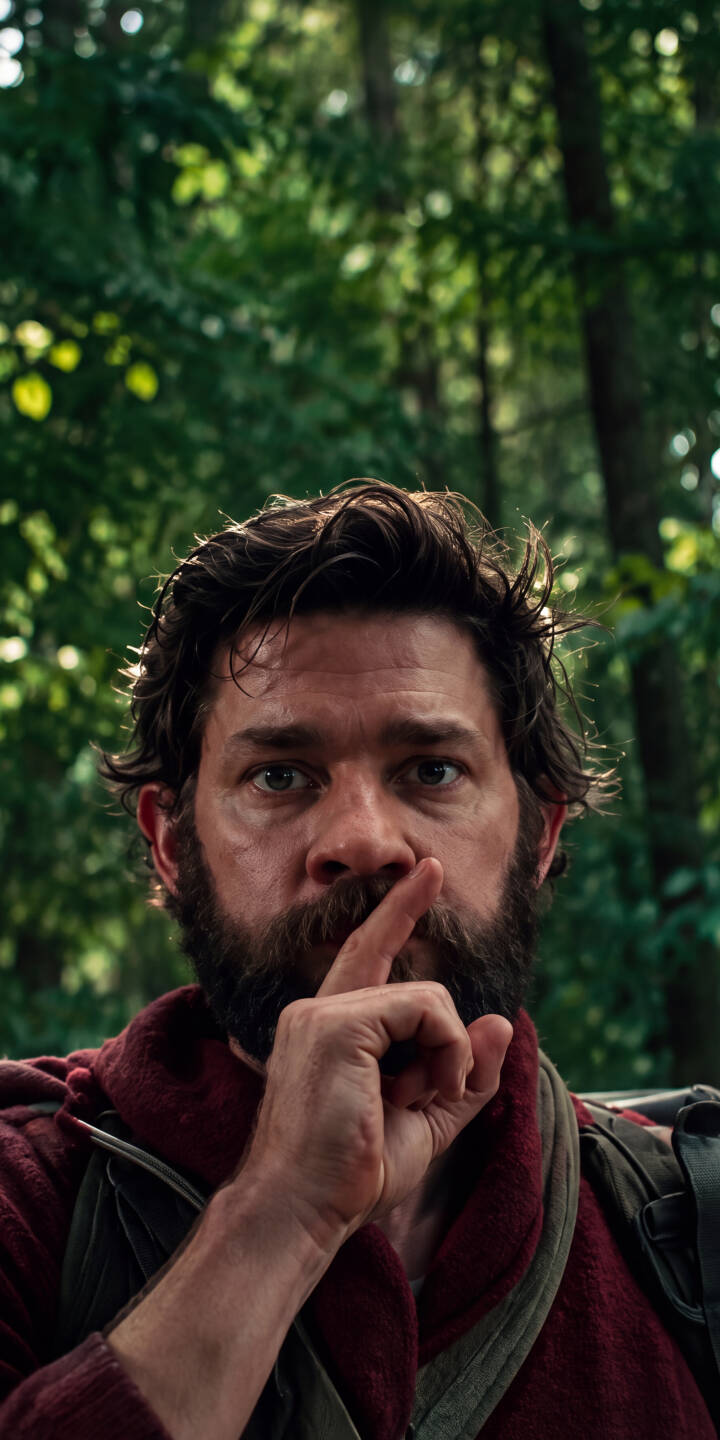 John Krasinski as Lee Abbott fixes an intense gaze while holding a finger to his lips, embodying the tension of A Quiet Place in this striking 4K wallpaper. This suspenseful wallpaper for iPhone captures his rugged look against a blurred forest background. | forest iphone wallpaper mobile suspense 4k wallpaper hd wallpaper cinematic shhh john krasinski lee abbott a quiet place John Krasinski as Lee Abbott fixes an intense gaze while holding a finger to his lips, embodying the tension of A Quiet Place in this striking 4K wallpaper. This suspenseful wallpaper for iPhone captures his rugged look against a blurred forest background.