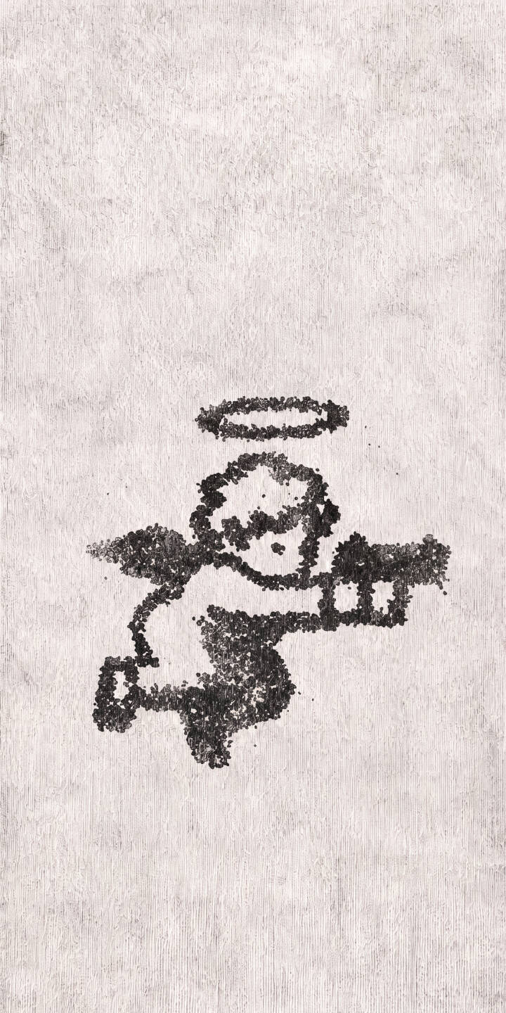 Granular black specks form an ironic cherub figure, complete with a halo and wings, clutching a gun in this distinctive 4K wallpaper. This rebellious street art-style wallpaper makes a bold statement for any iPhone lock screen. | street art angel iphone minimal wallpaper mobile 4k wallpaper hd wallpaper cupid black white gun art granular Granular black specks form an ironic cherub figure, complete with a halo and wings, clutching a gun in this distinctive 4K wallpaper. This rebellious street art-style wallpaper makes a bold statement for any iPhone lock screen.